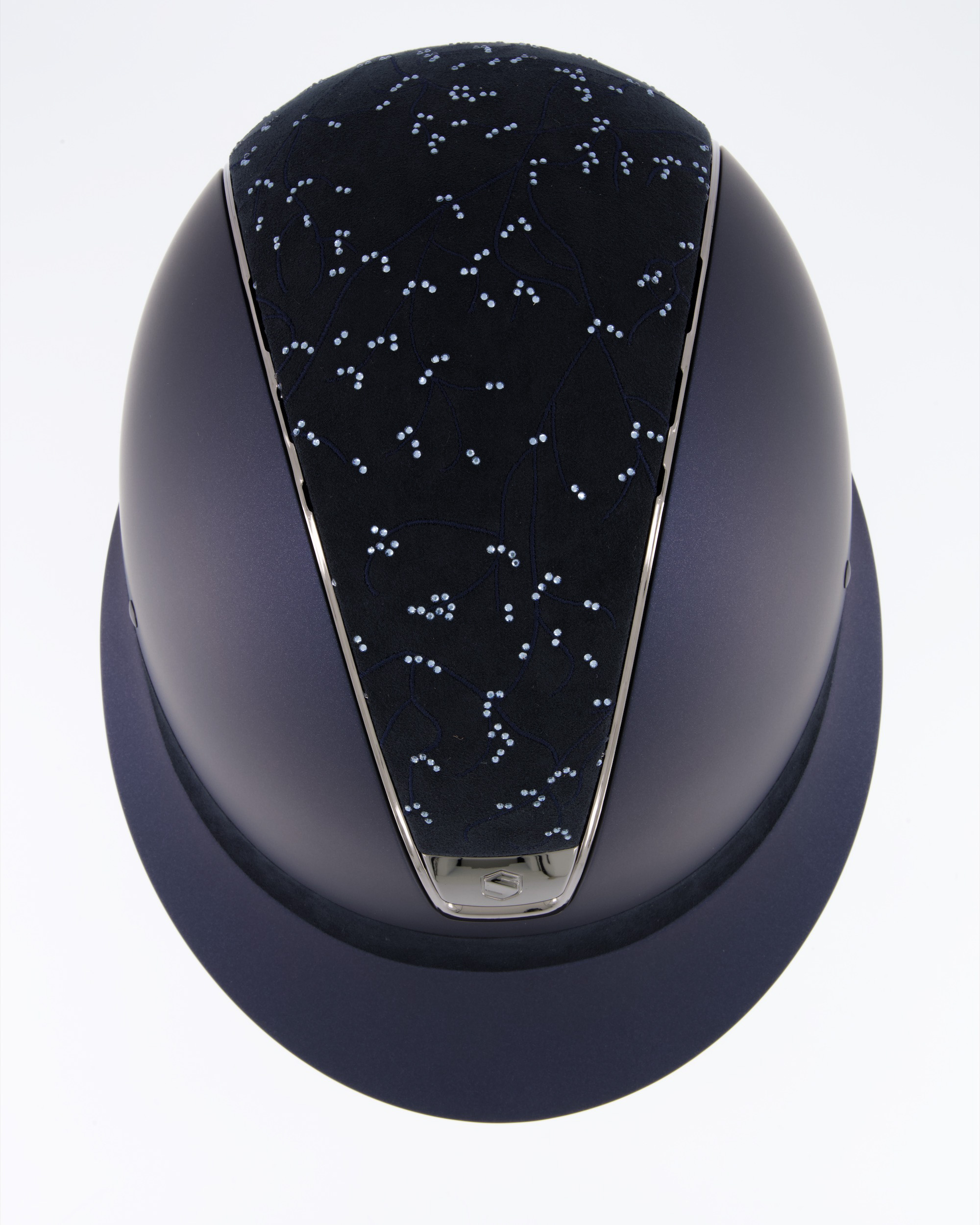 Riding helmet Miss Shield Shadowmatt Blue, Top Crystal Leaf Blue / Alcantara Blue, Frontal Band Alcantara Blue, Trim Chrome Black, Blason Chrome Black in blue