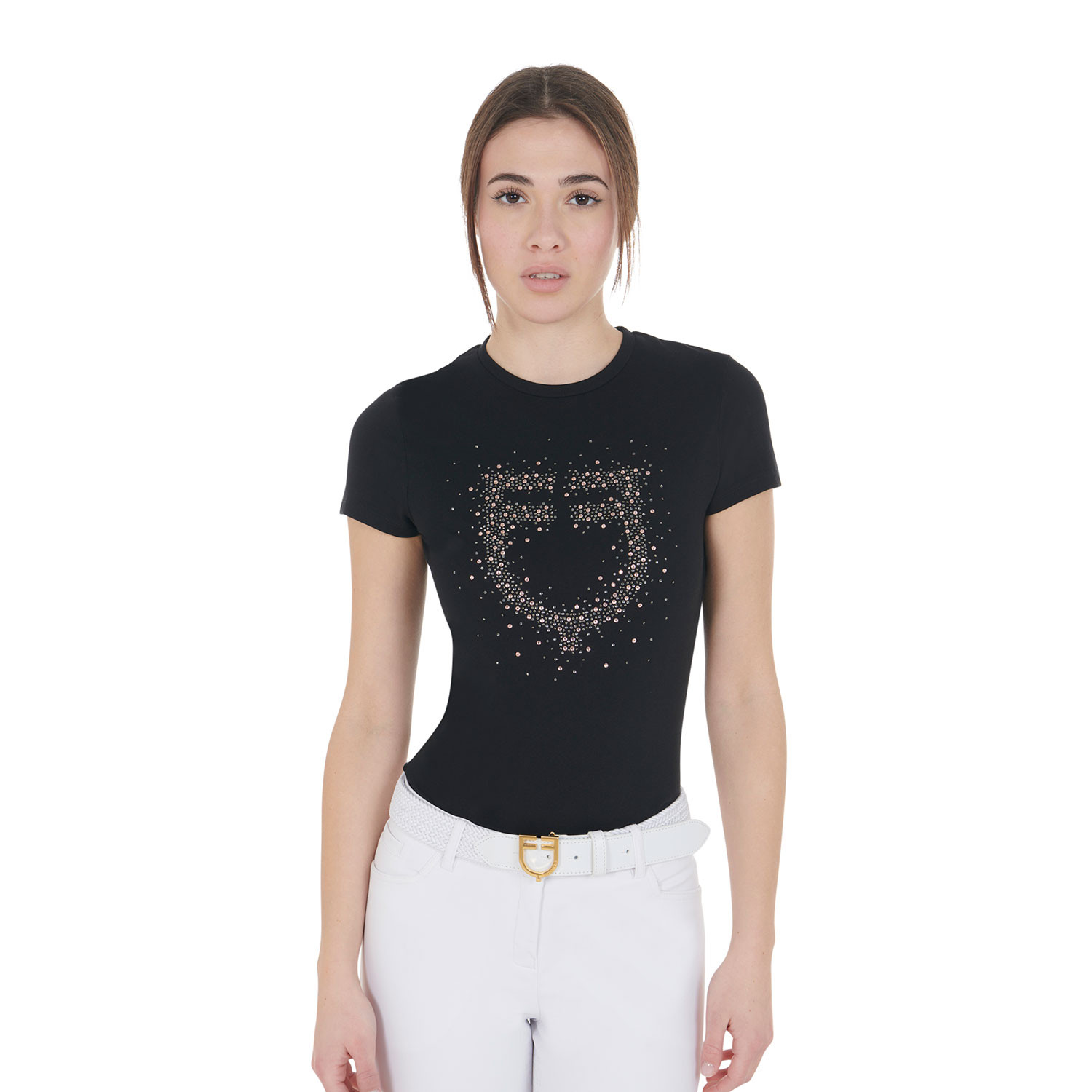 Schmal geschnittenes Damen-T-Shirt mit pinkem Strass