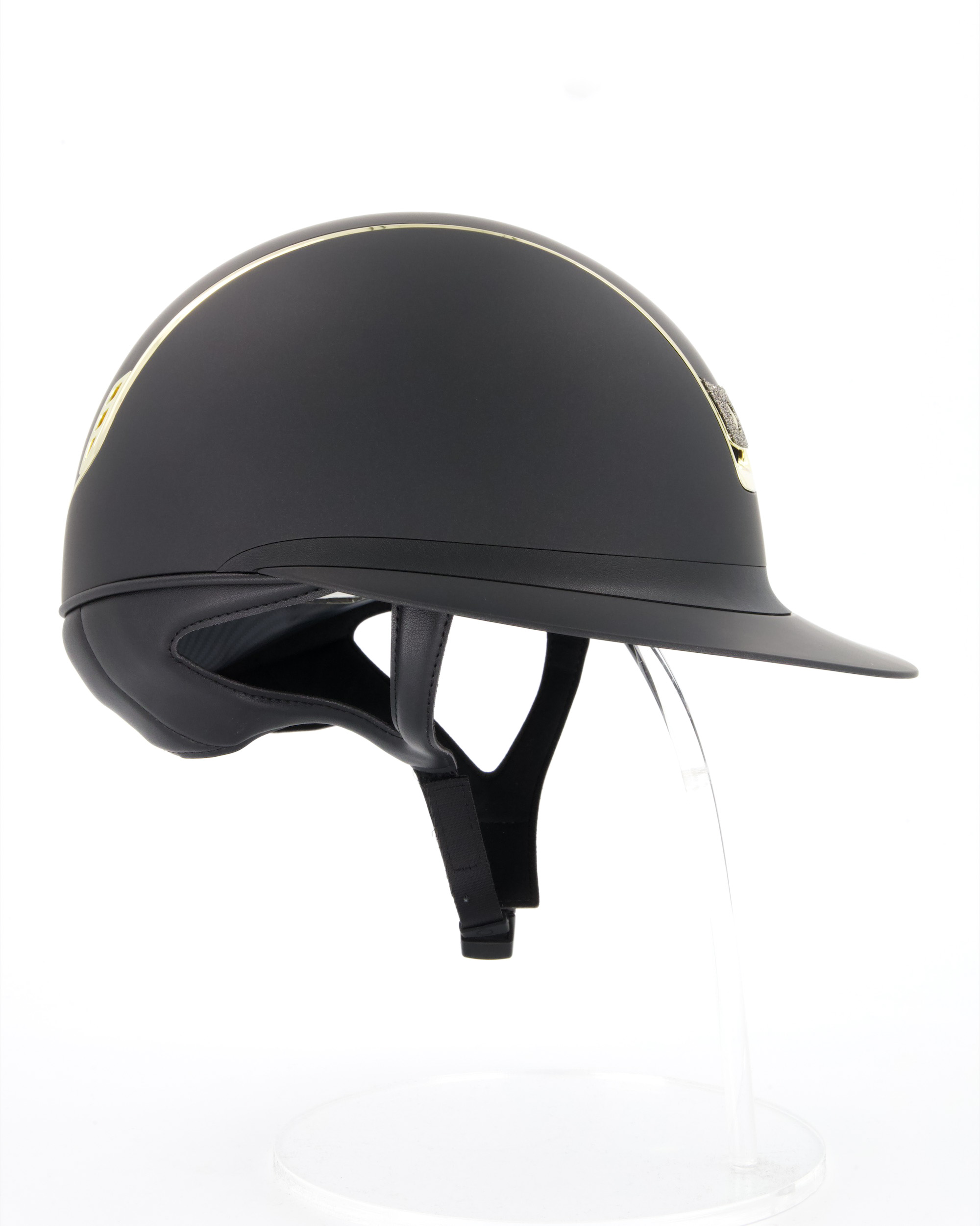 Riding helmet 2.0 Miss Shield Shadowmatt Black, Trim Chrome Gold, Blason Crystal Fabric Gold Riding helmet 2.0 Miss Shield Shadowmatt Black, Trim Chrome Gold, Blason Crystal Fabric Gold
