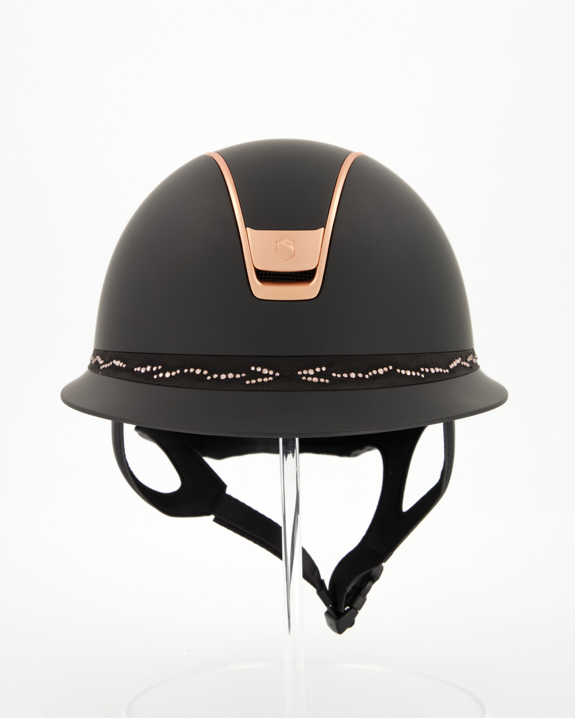 Reithelm 2.0 Miss Shield Shadowmatt black, Frontalband Flower Swarovski Vintage Rose, Trim u. Blason Matt Pink Gold in schwarz