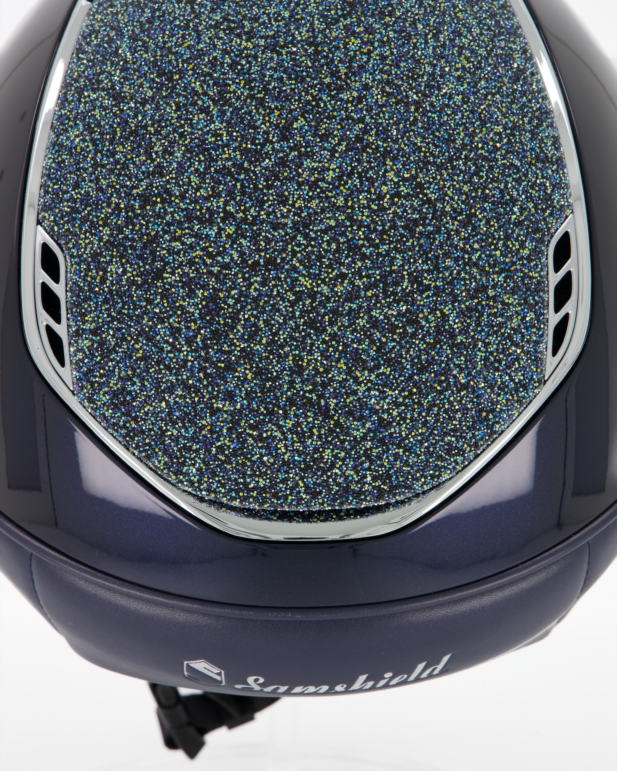 Riding helmet 2.0 Miss Shield Shadowglossy, Top and Frontal Band Crystal Fabric Ocean Depth, Trim Chrome Silver, Blason Crystal Fabric Silver in blue