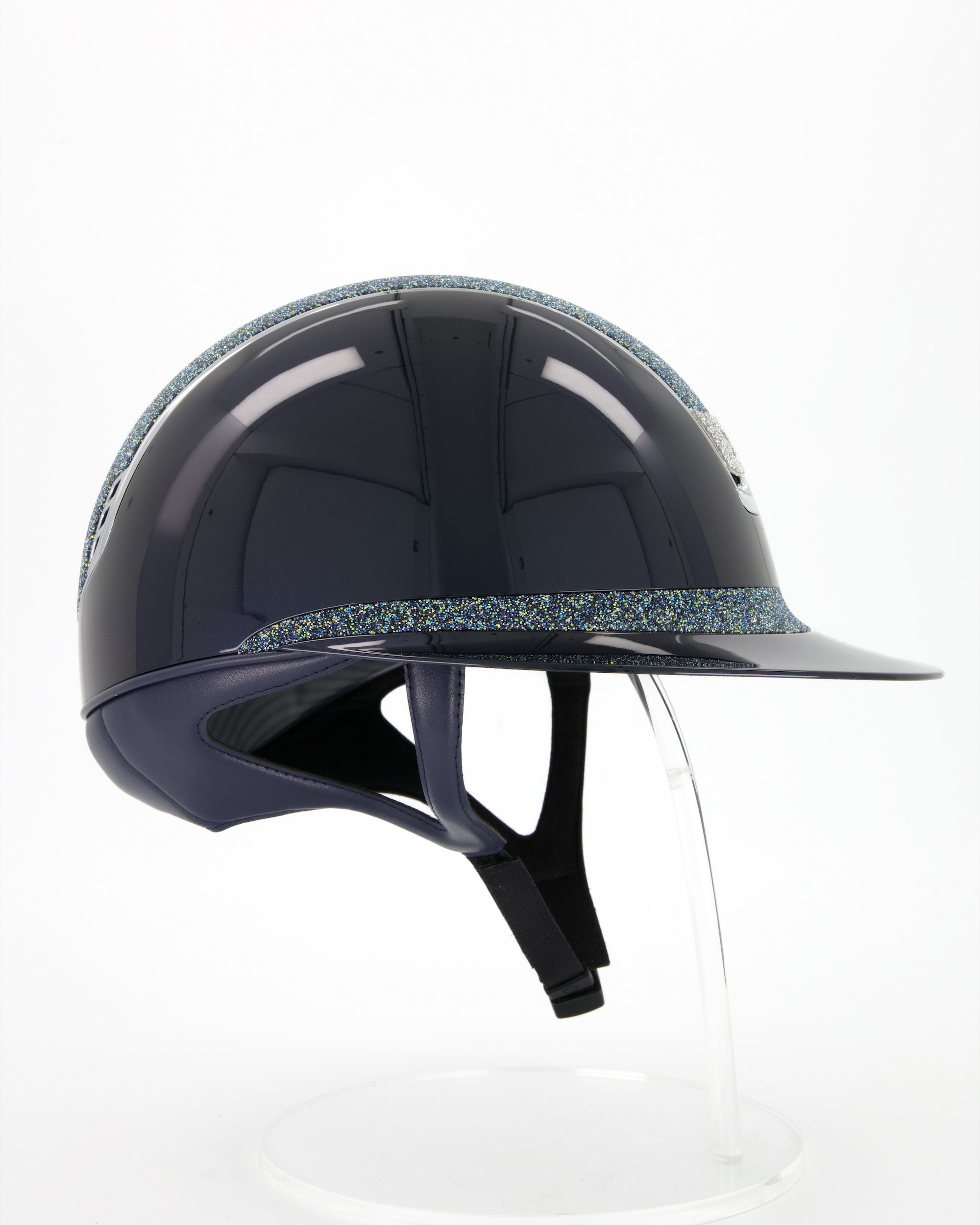 Riding helmet 2.0 Miss Shield Shadowglossy, Top and Frontal Band Crystal Fabric Ocean Depth, Trim Chrome Silver, Blason Crystal Fabric Silver in blue
