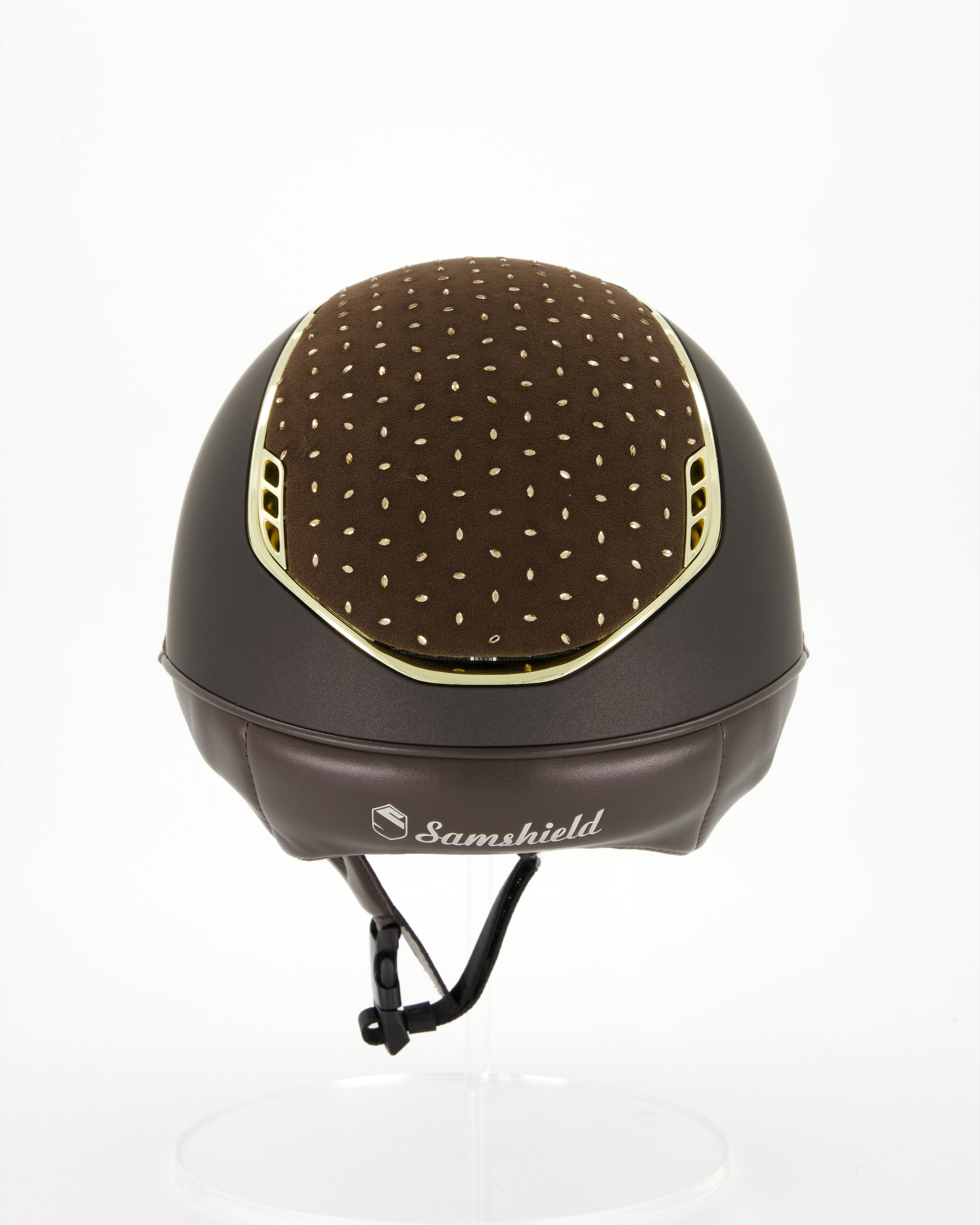 Riding helmet 2.0 Miss Shield Shadowmatt brown, top and frontal band Crystal Comet light Colorado Topaz, trim and blason Chrome Gold in brown