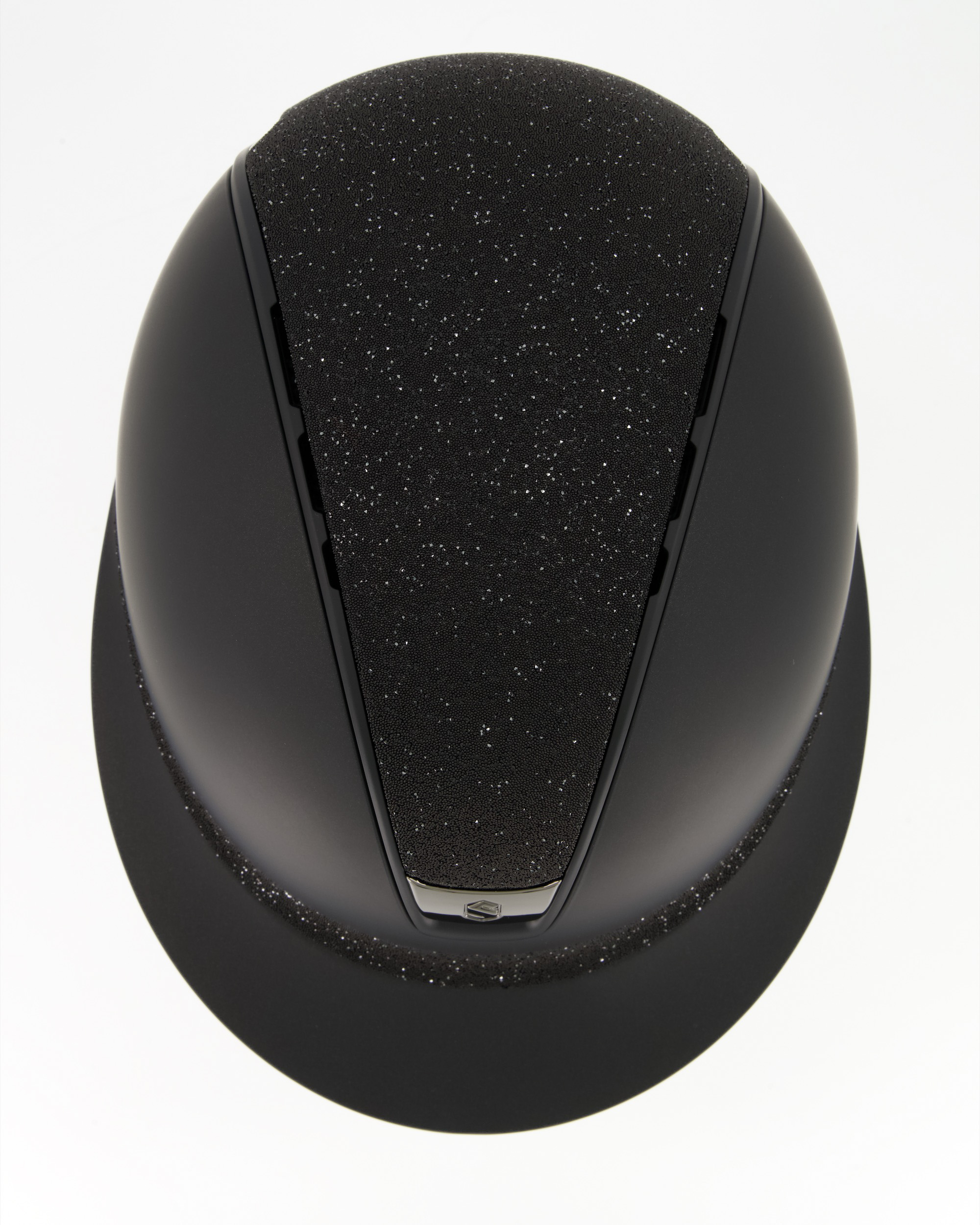 Riding helmet 2.0 Miss Shield Shadowmatt, Top Crystal Fabric Swarovski Black, Frontal Band Crystal Fabric Swarovski Black, Trim Matt Black, Blason Chrome Black in black