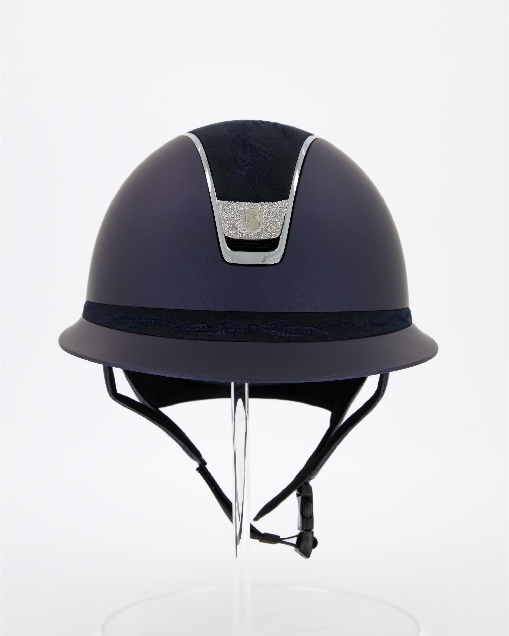 Reithelm 2.0 Miss Shield Shadowmatt Blue, Top u. Frontal Band Fower Embroidery, Trim Chrome, Blason Crystal Fabric Silver in blau