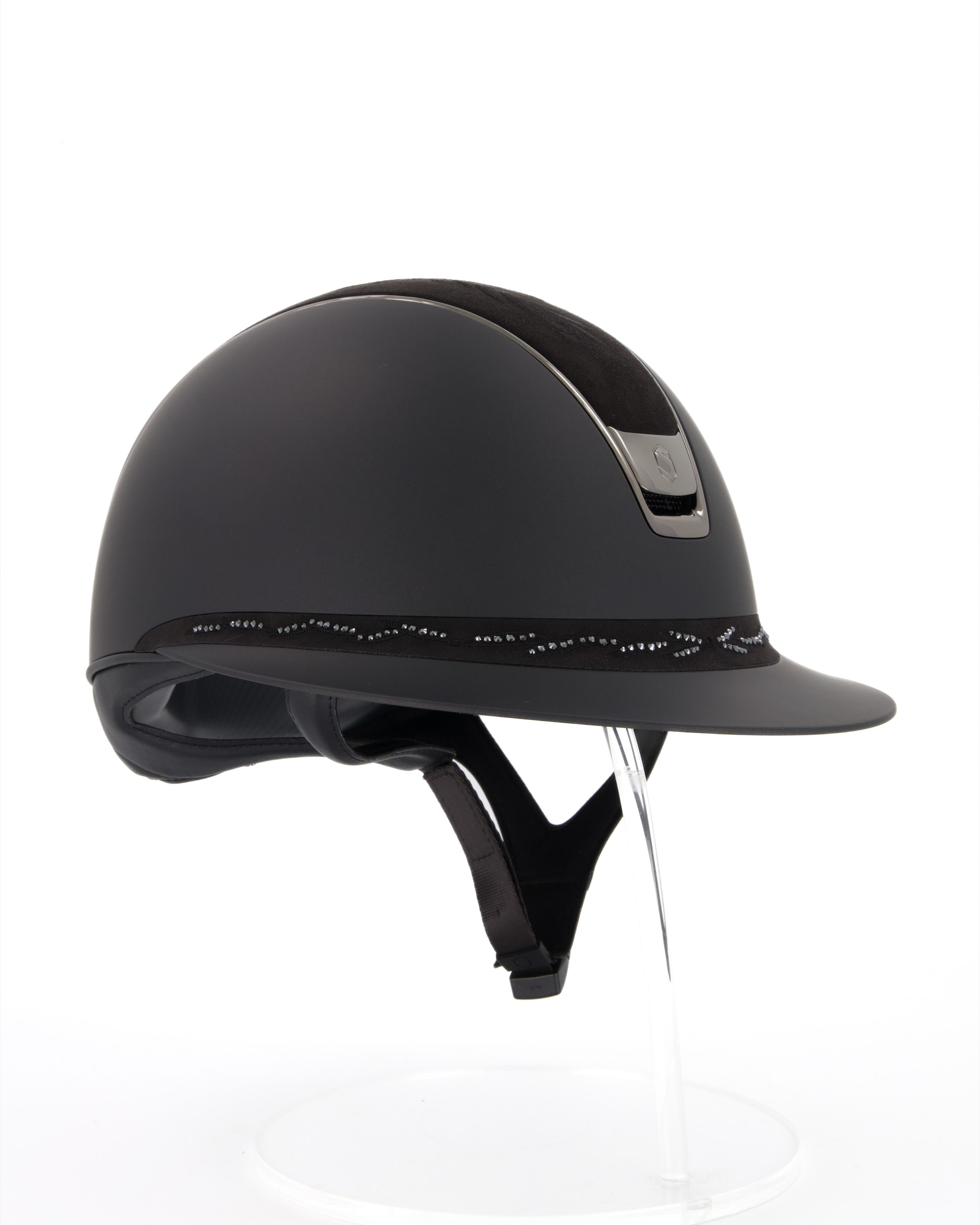 Reithelm 2.0 Miss Shield Shadowmatt Black, Top Flower Embroidery Black, Frontal Band Flower Swarovski Black, Trim u. Blason Chrome Black