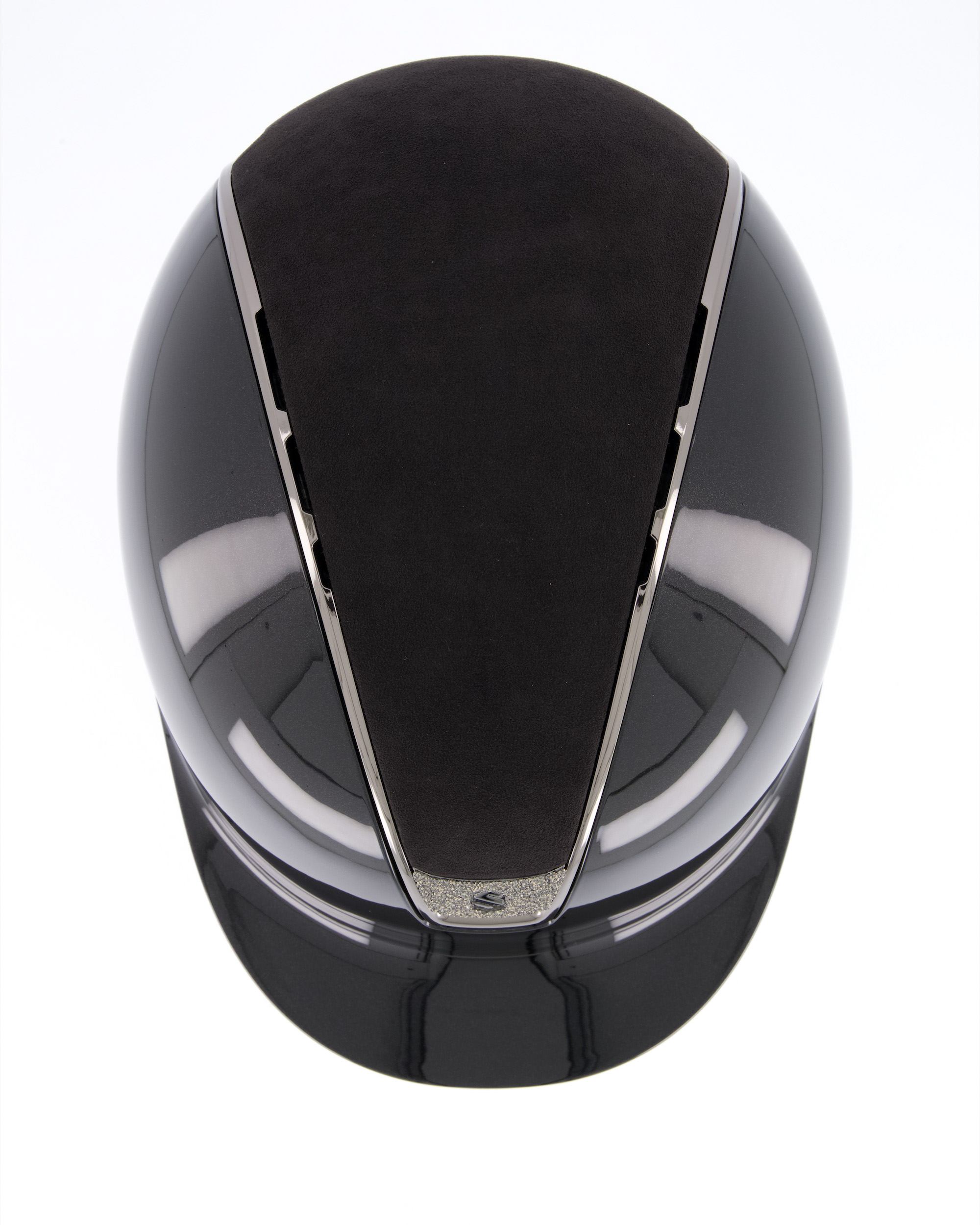 Riding helmet 2.0 Shadowglossy, Top Alcantara Black, Trim Black Chrome, Blason Crystal Fabric Swarovski Silver in black