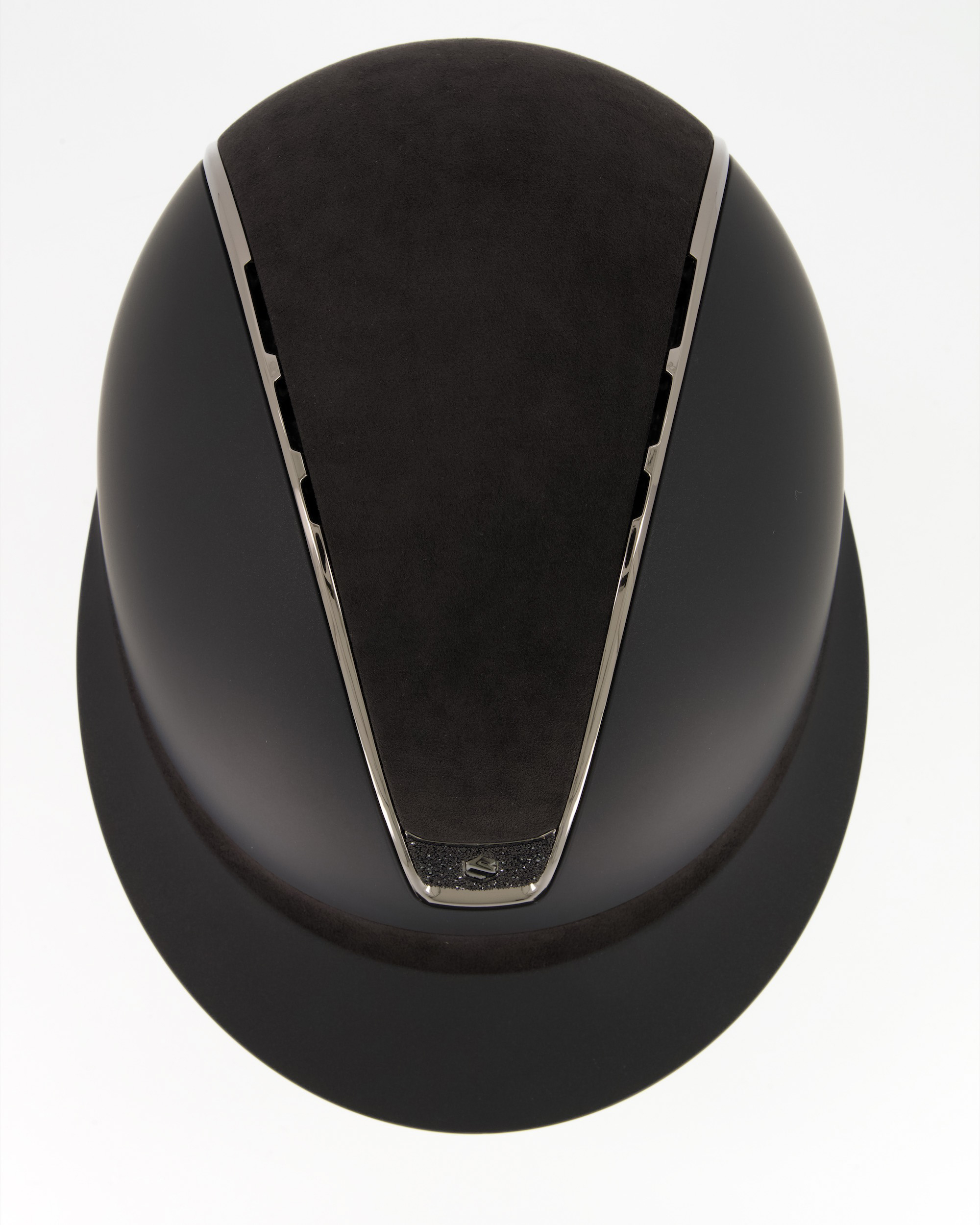 Riding helmet 2.0 Miss Shield Shadowmatt Top u. Frontal Band Alcantara, Trim Chrome Black, Blason Crystal Fabric Black in black