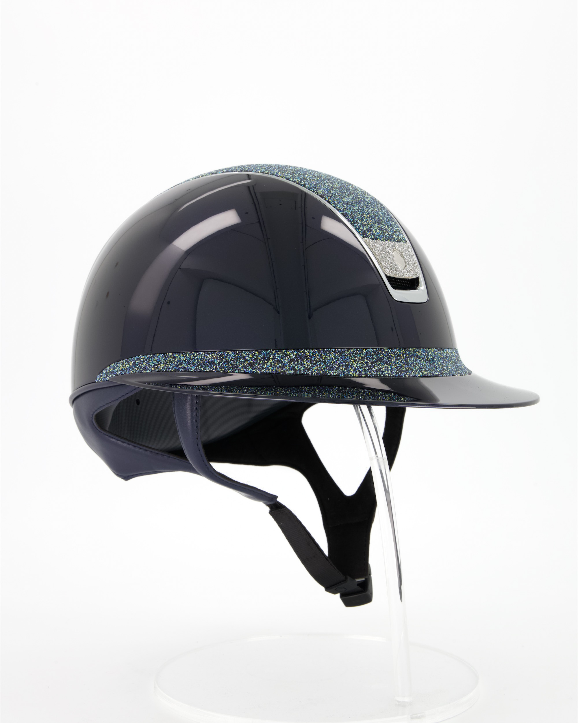 Riding helmet 2.0 Miss Shield Shadowglossy, Top and Frontal Band Crystal Fabric Ocean Depth, Trim Chrome Silver, Blason Crystal Fabric Silver in blue