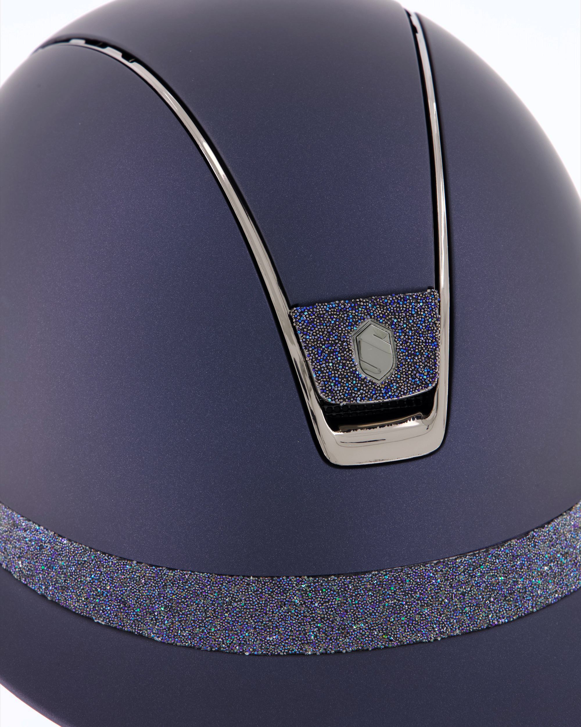 Riding helmet Miss Shield Shadowmatt, Frontal Band Crystal Fabric Swarovski Bermuda Blue, Trim Chrome Black, Blason Crystal Fabric Bermuda Blue in Blue