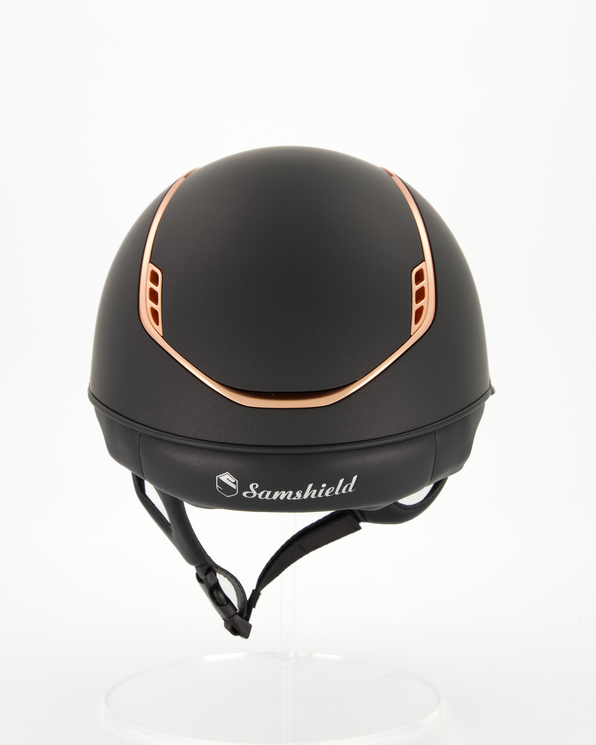 Reithelm 2.0 Miss Shield Shadowmatt black, Frontalband Flower Swarovski Vintage Rose, Trim u. Blason Matt Pink Gold in schwarz