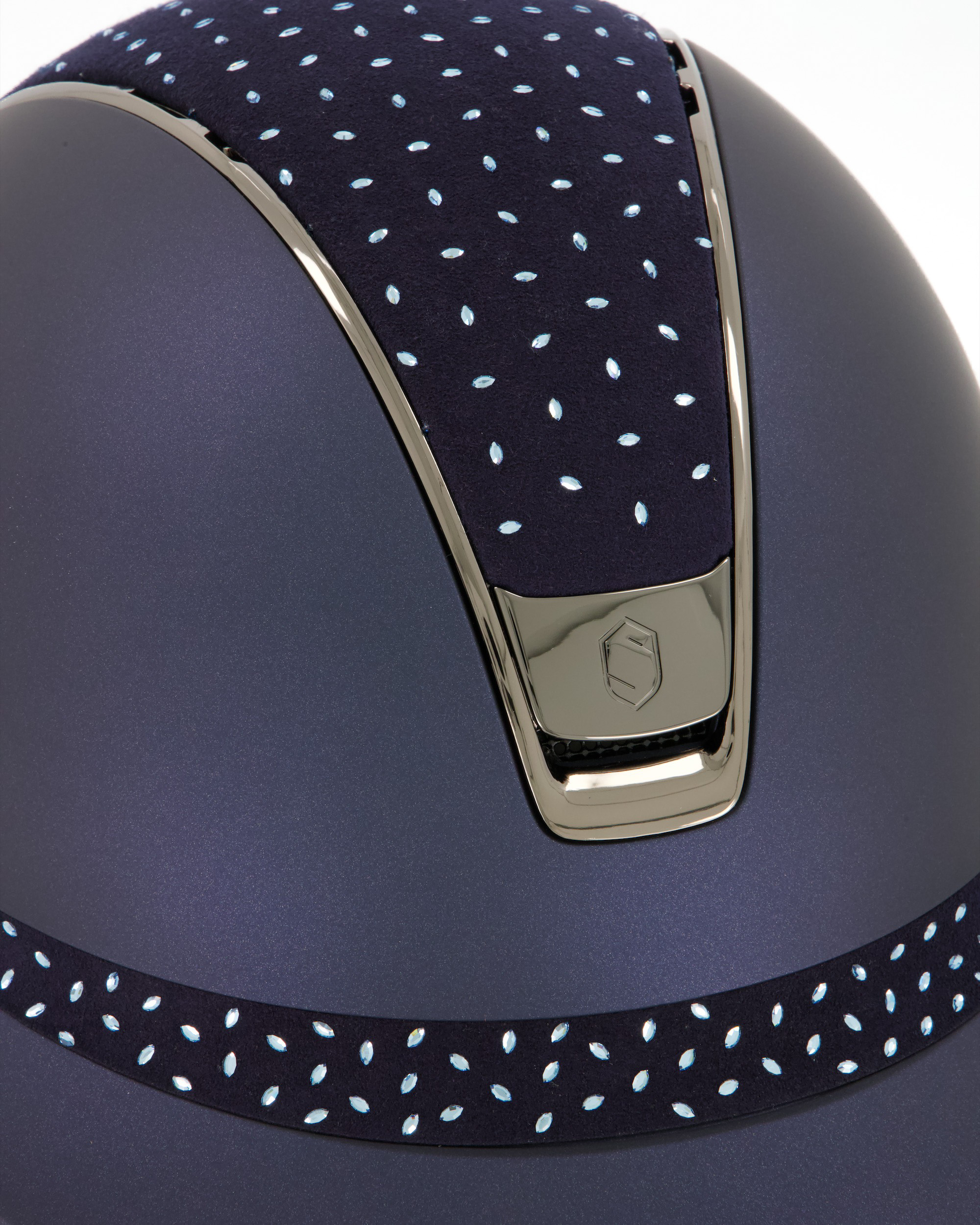 Reithelm 2.0 Miss Shield Shadowmatt Blue, Top u. Frontal Band Crystal Comet, Trim u. Blason Chrome Black in blau