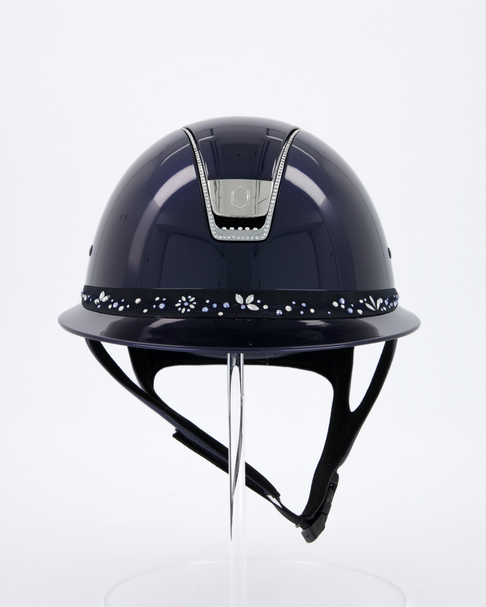 Reithelm Miss Shield Shadowglossy Metallic Blue, Frontal Band Flower Swarovski Jewelry Majestic Blue, Trim Chrome Silber 255 Swarovski Steine, Blason Chrome Silber in blau