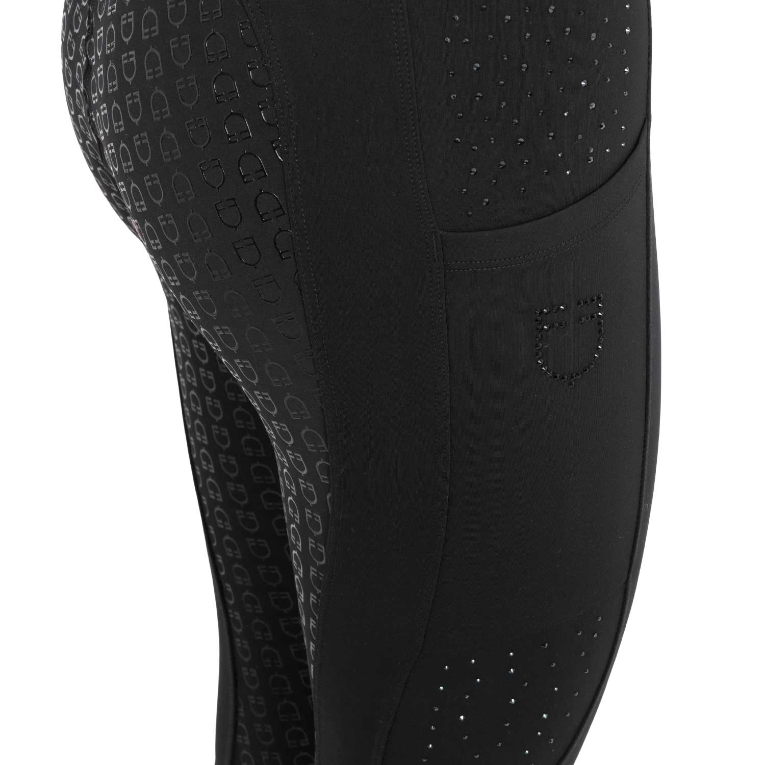 Damen-Leggings mit hohem Bund, Gürtelschlaufen und Strasssteinen