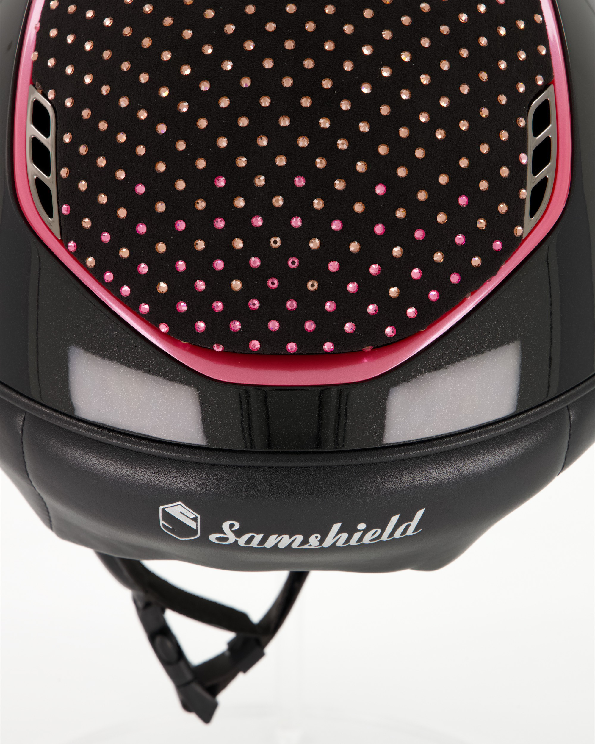 Reithelm Miss Shield 2.0 Shadowglossy black, Top u. Frontalband Sparkling progressive pink, Trim Metallic BabyPink, Blason Crystal Fabric black