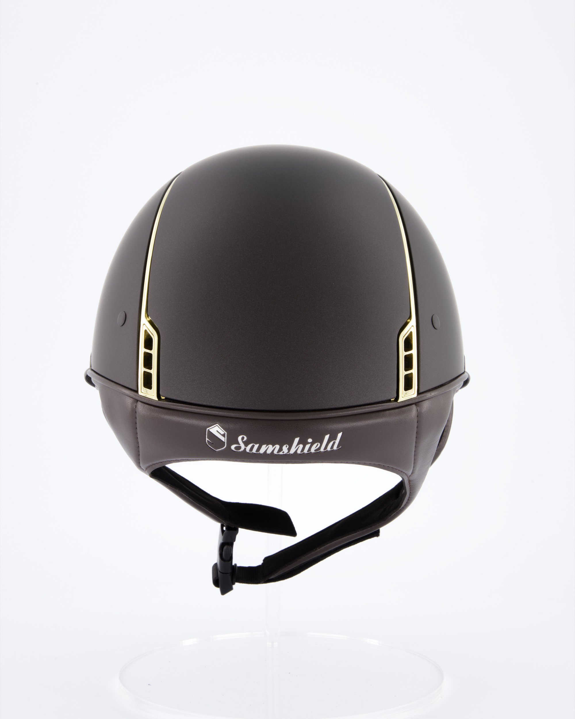 Reithelm Miss Shield Shadowmatt Braun, Top Shadowmatt Braun, Frontal Band Shimmer Braun, Trim Chrome Gold, 5 Swarovski Blason Chrome Gold