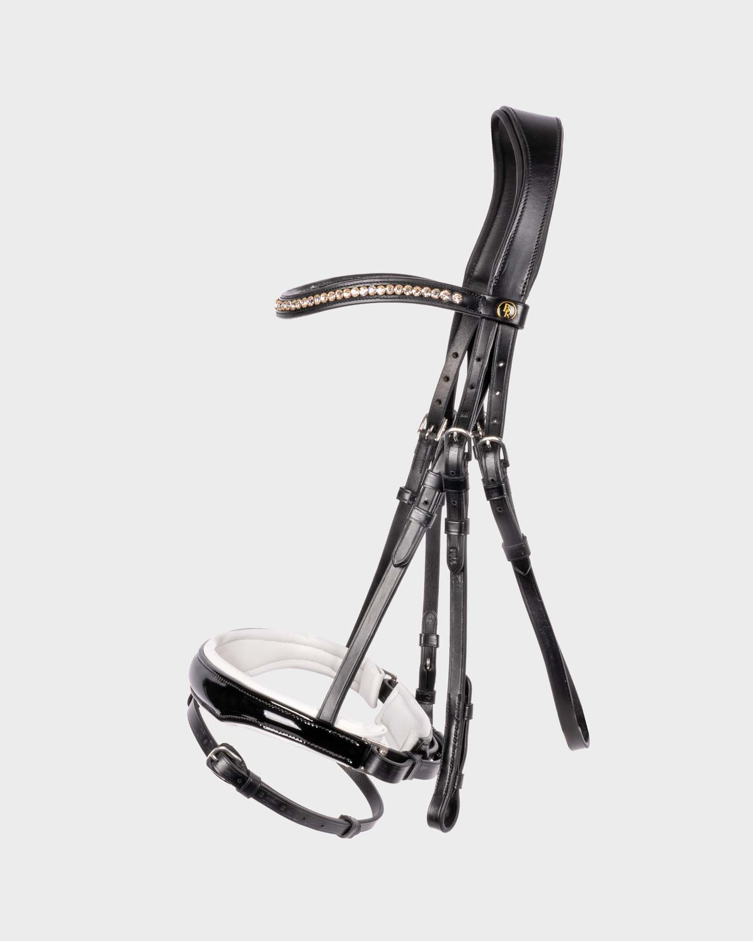 Snaffle bridle Ipswich patent leather anatomical in black/white