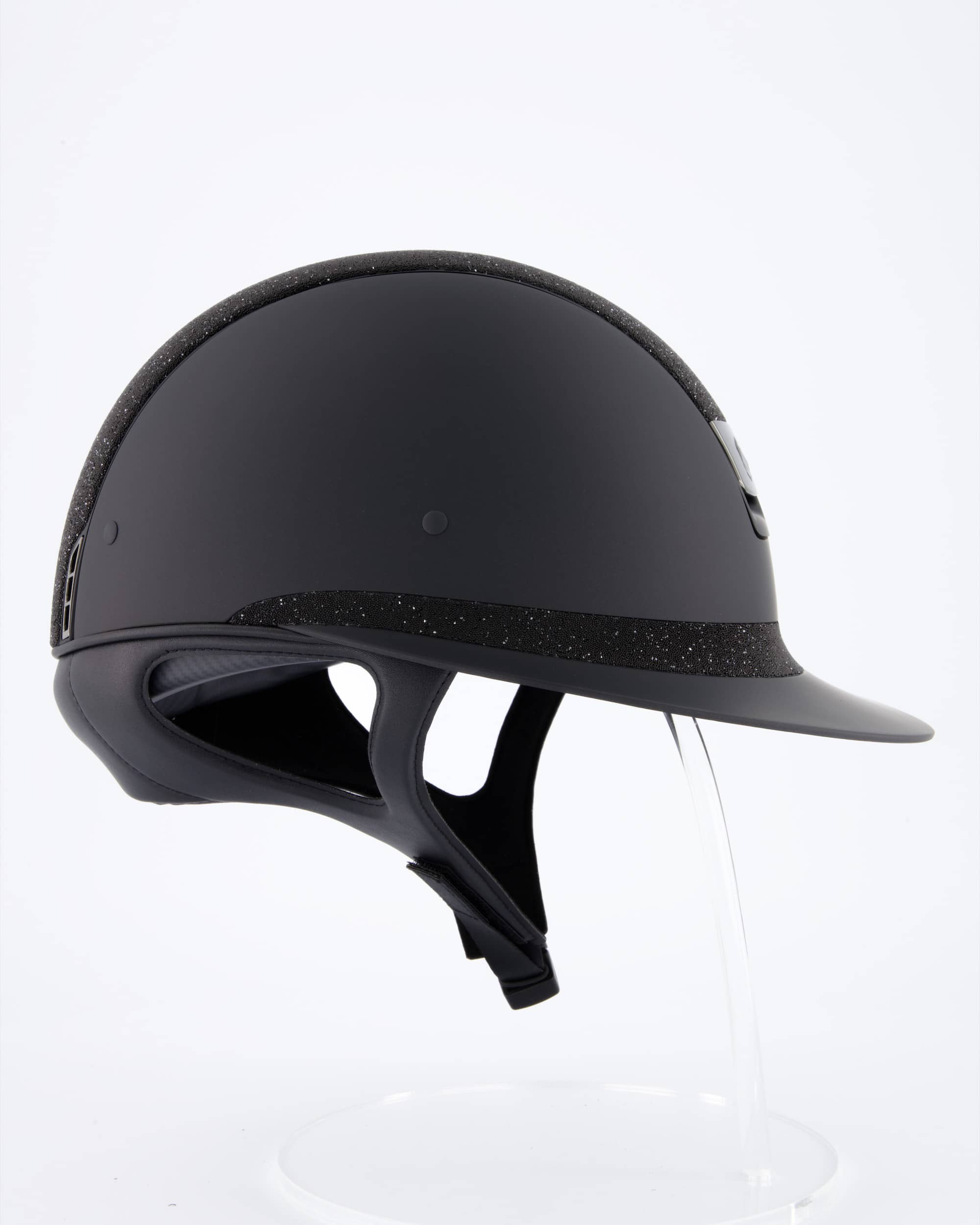 Riding helmet Miss Shield Shadowmatt, Top Crystal Fabric Swarovski Black, Frontal Band Crystal Fabric Swarovski Black, Trim Matt Black, Blason Chrome Black in black