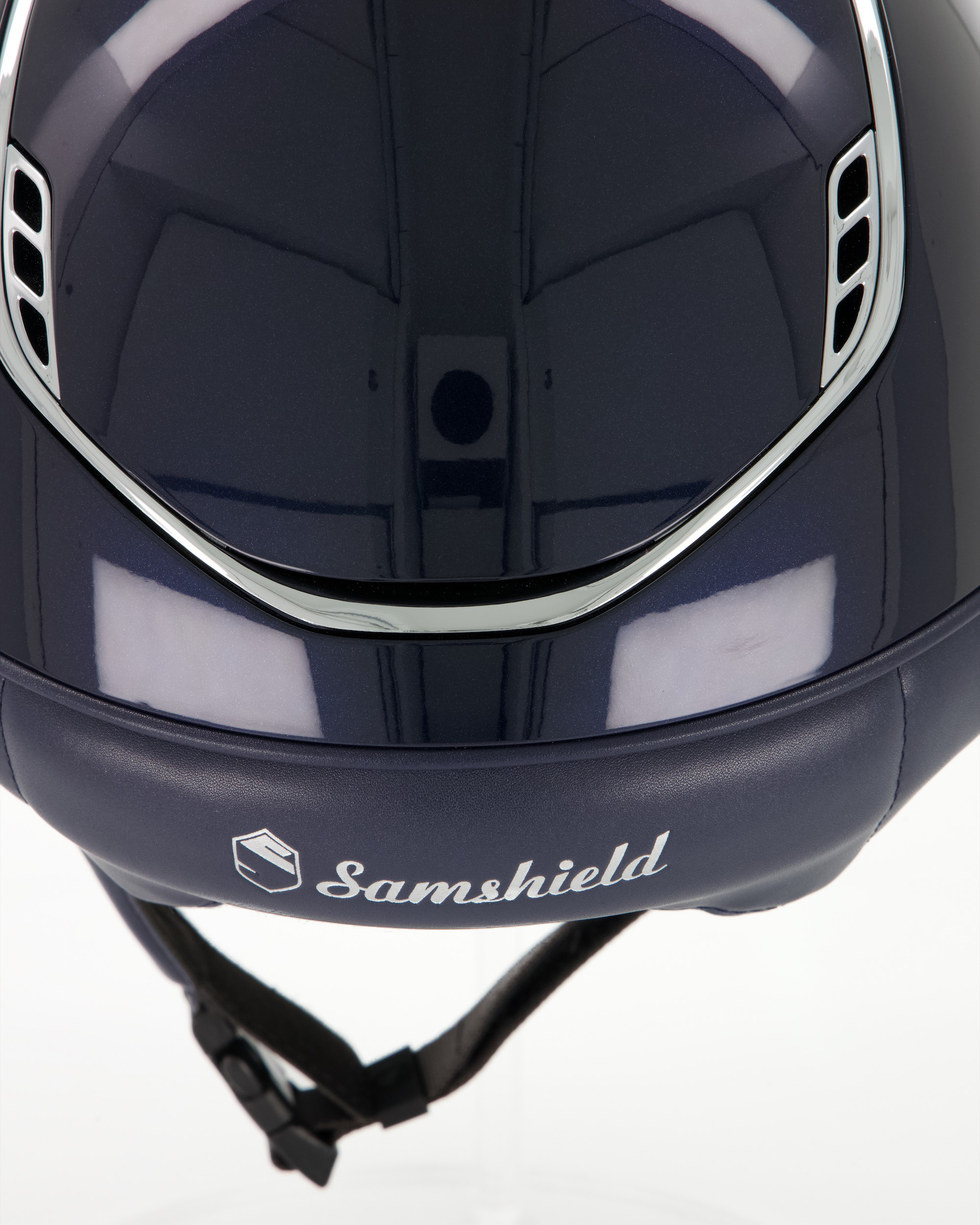 Riding helmet 2.0 Miss Shield Shadowglossy Blue, Frontalband Flower Swarovski Jewerly, Trim Chrome Silver, Blason Crystal Fabric Silver