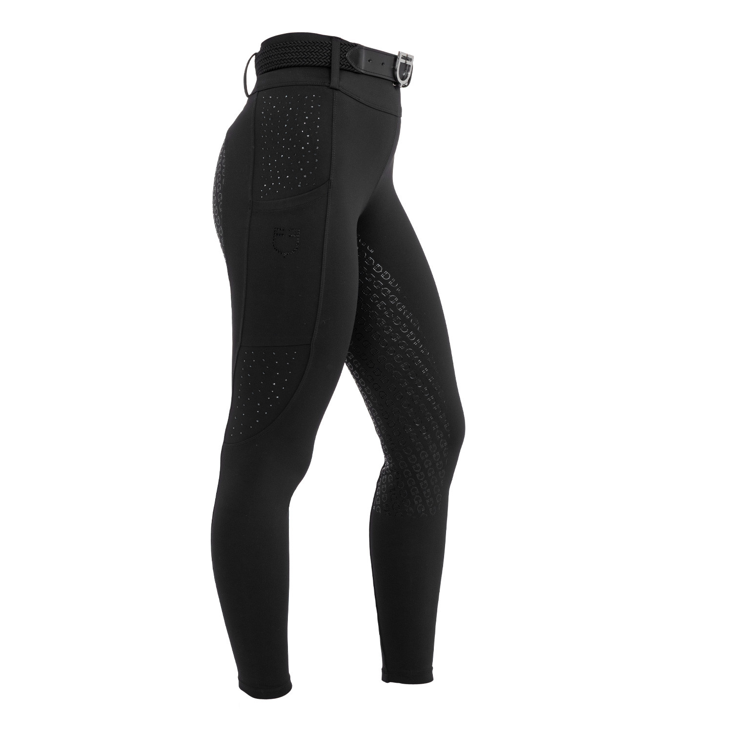 Damen-Leggings mit hohem Bund, Gürtelschlaufen und Strasssteinen