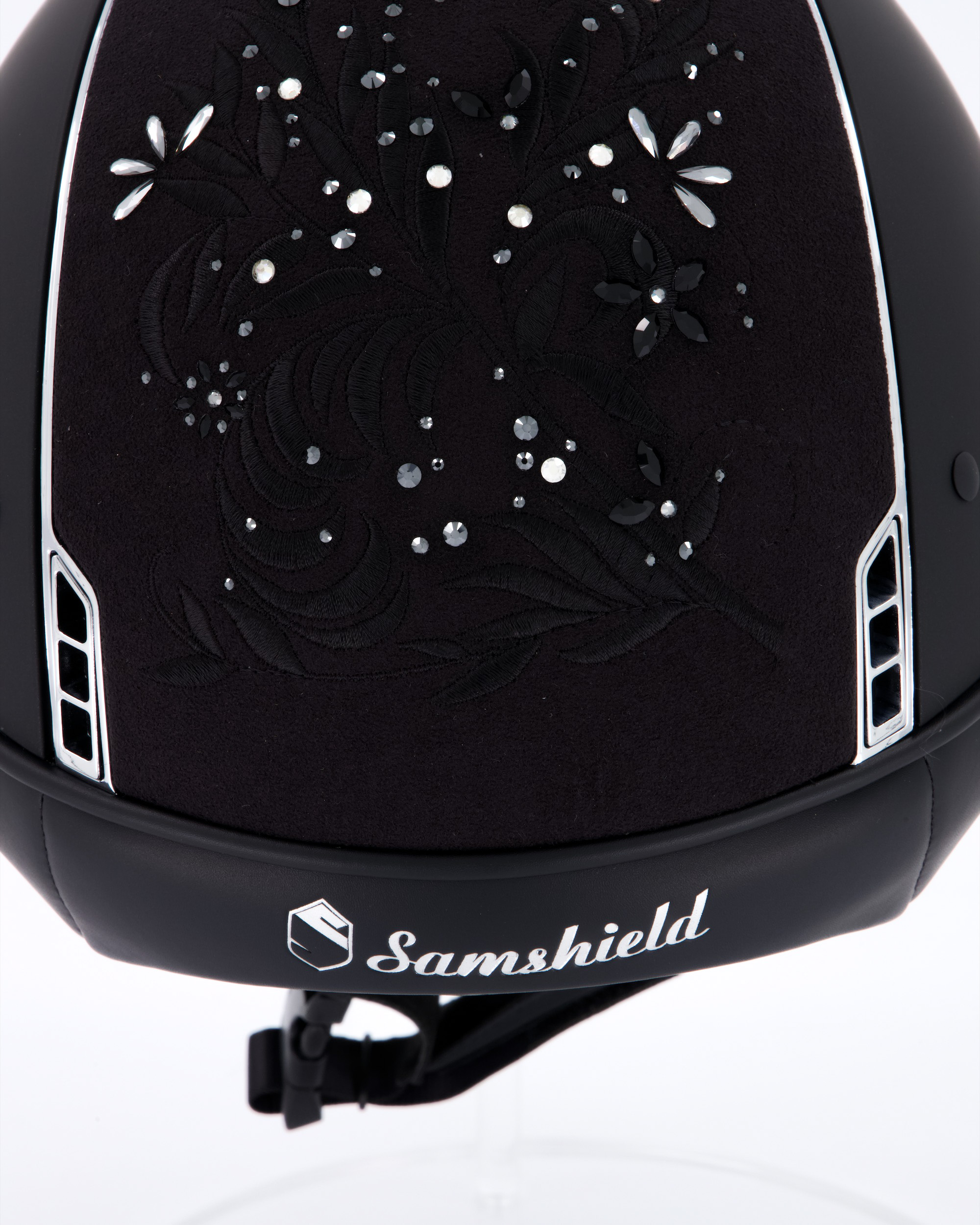 Riding helmet Shadowmatt Black, Top Flower Swarovski Jewerly Black Mejestic Black, Trim Chrome Silver, Blason Chrome Silver