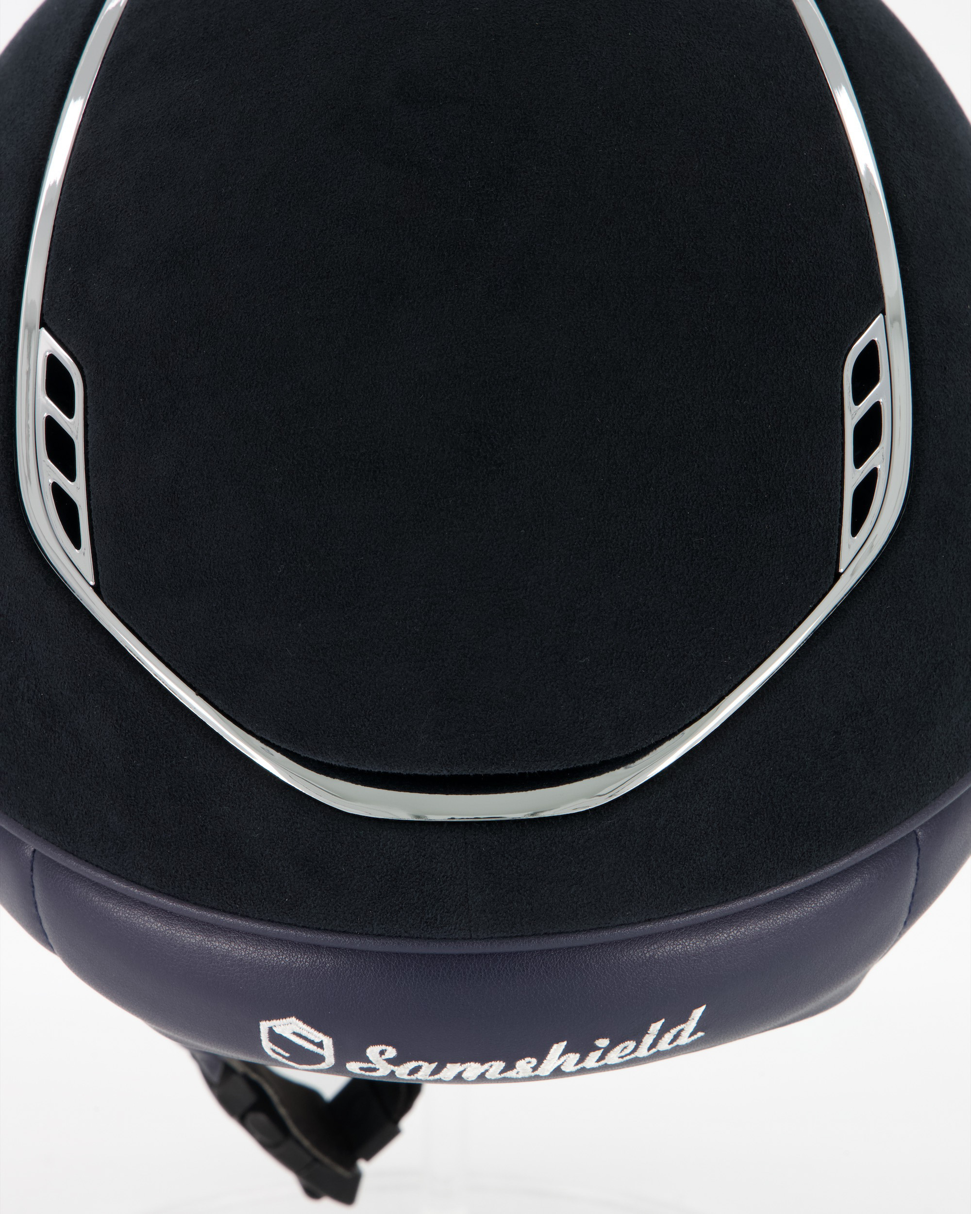 Reithelm Miss Shield 2.0 Premium, Top Alcantara Blue, Frontal Band Leather Blue, Trim u. Blason Chrome Silver in blau