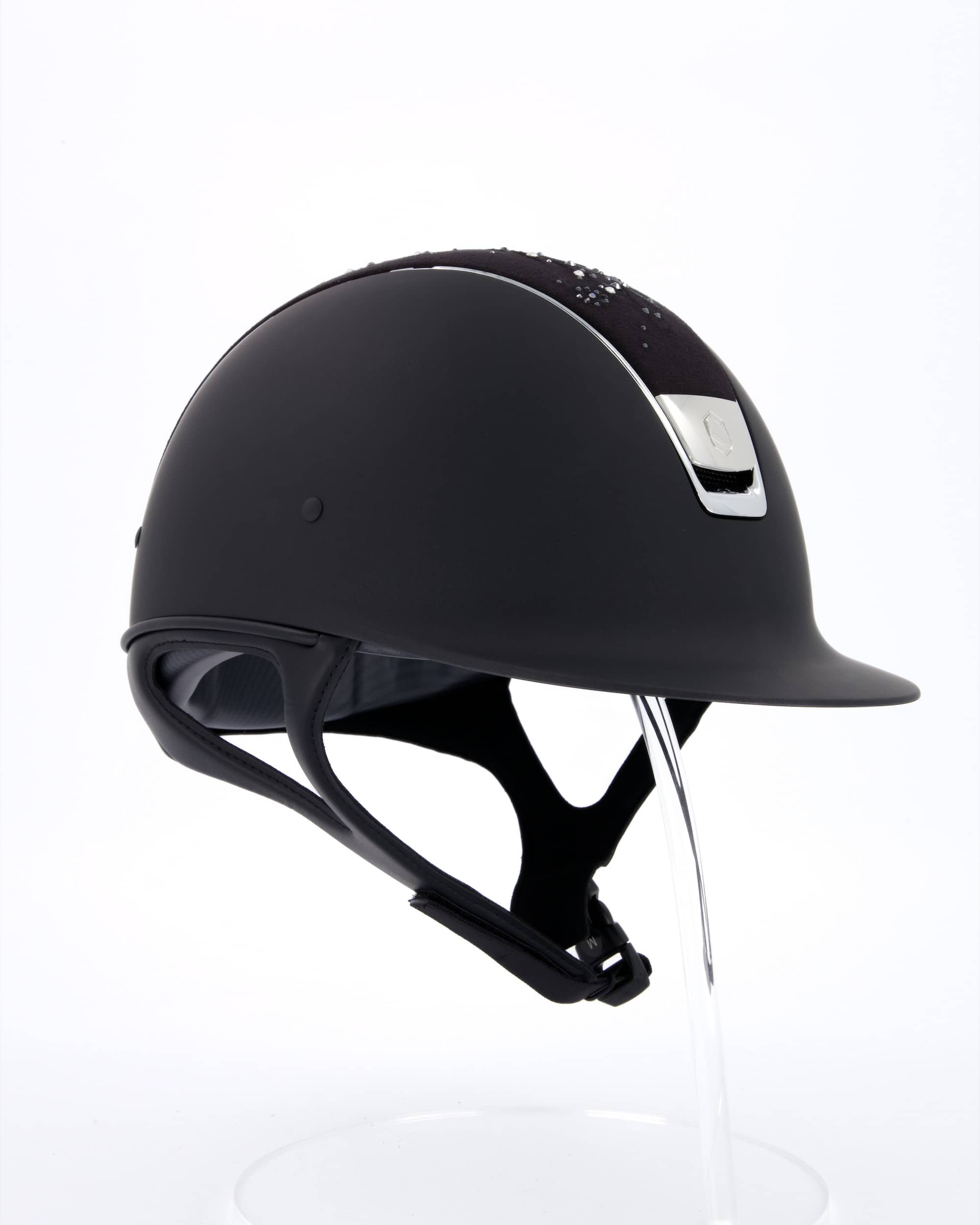 Riding helmet Shadowmatt Black, Top Flower Swarovski Jewerly Black Mejestic Black, Trim Chrome Silver, Blason Chrome Silver