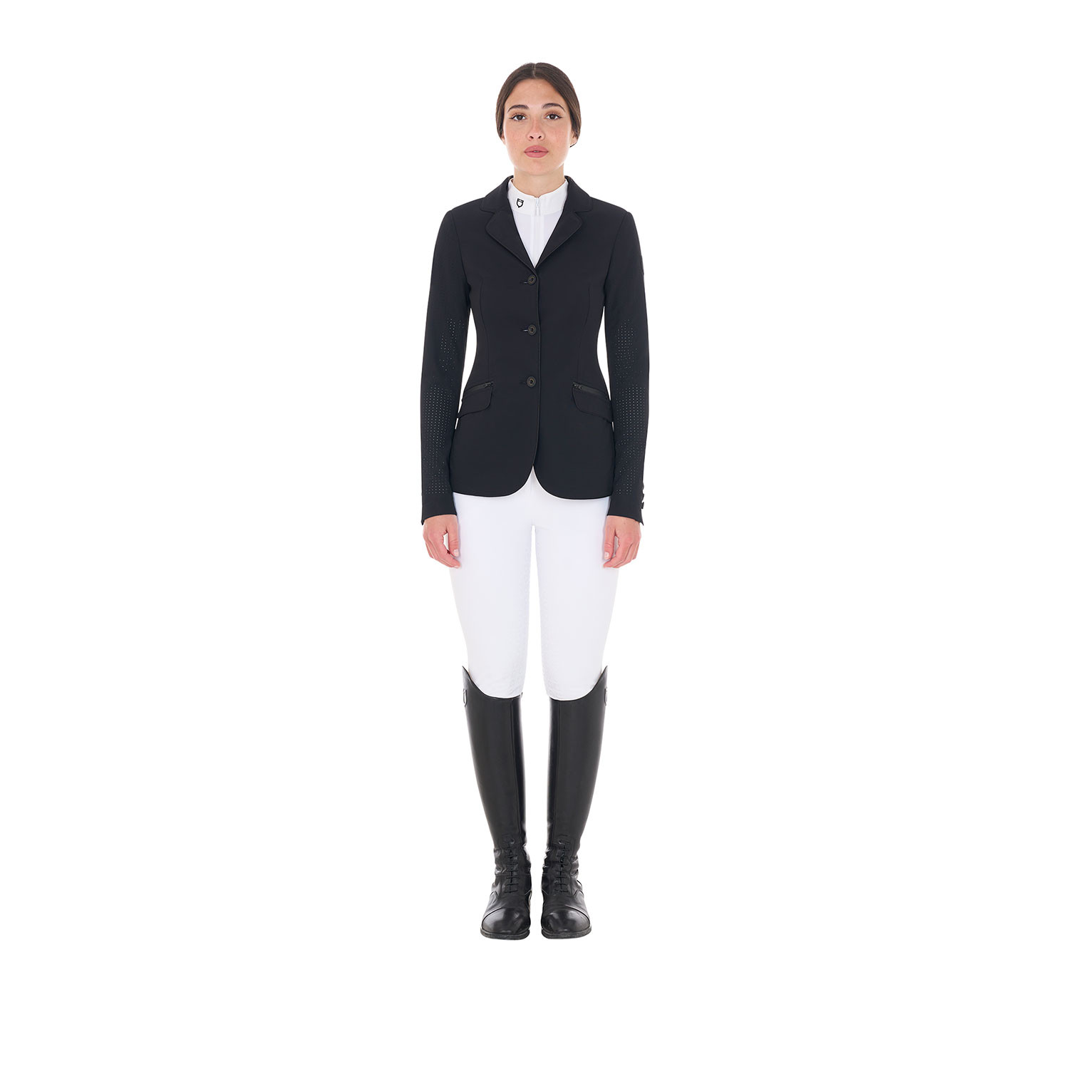 Damen-Turnierjacke mit drei Knöpfen aus perforiertem Stoff