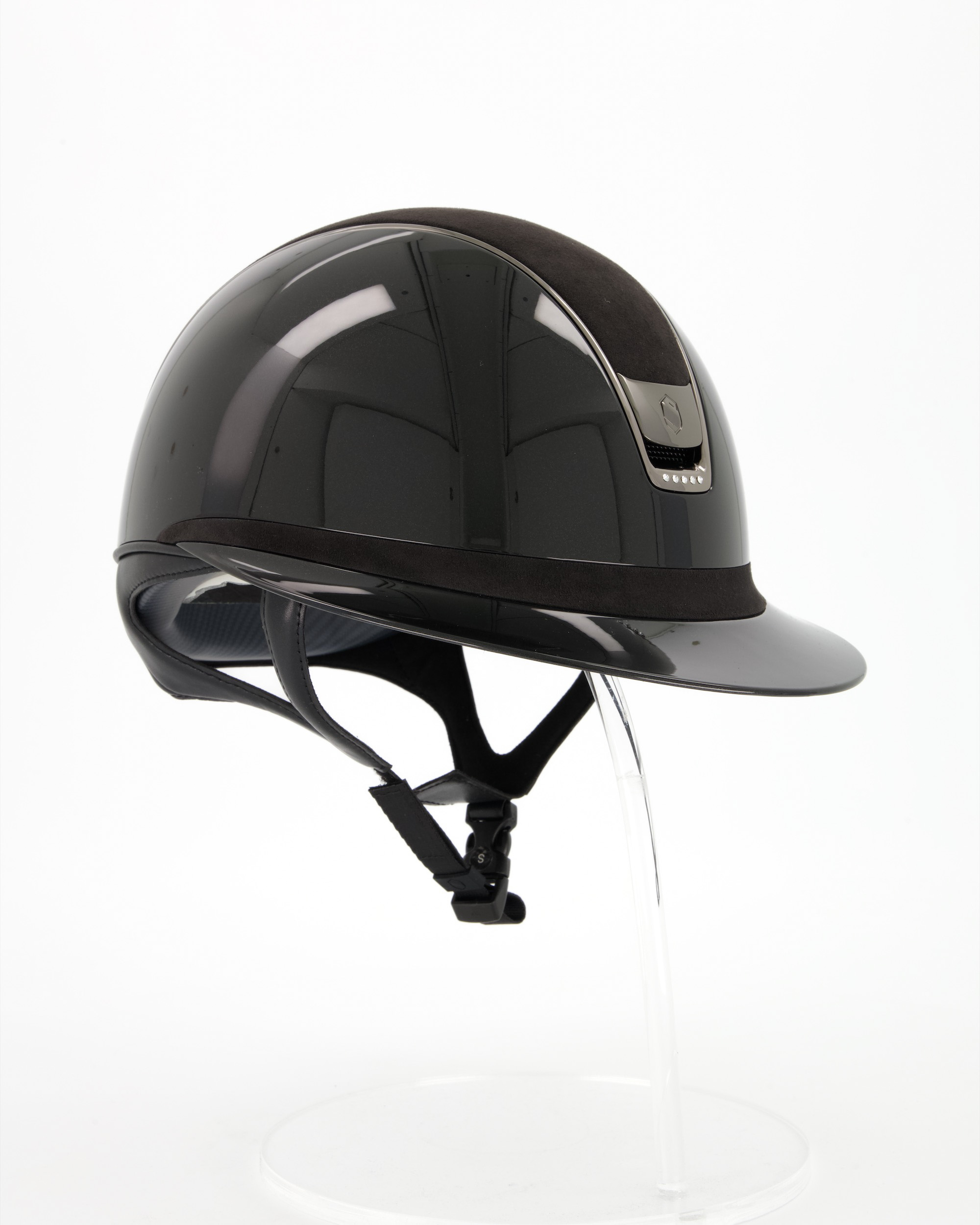 Riding helmet 2.0 Miss Shieldglossy Black, Top and frontal band Alcantara Black, Trim and Blason Chrome Black, 5 Swarovski Black in black