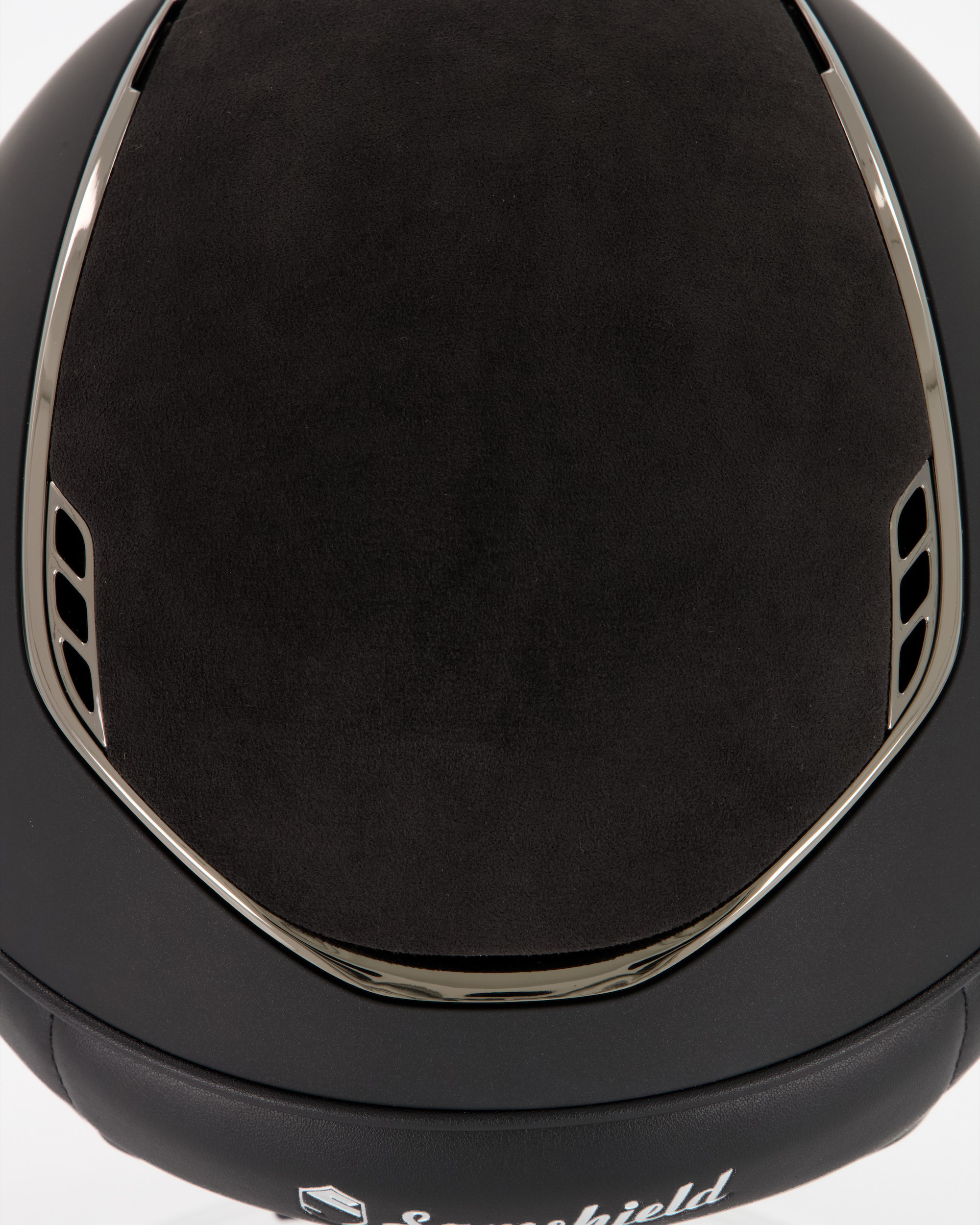 Riding helmet 2.0 Miss Shield Shadowmatt Top u. Frontal Band Alcantara, Trim Chrome Black, Blason Crystal Fabric Black in black