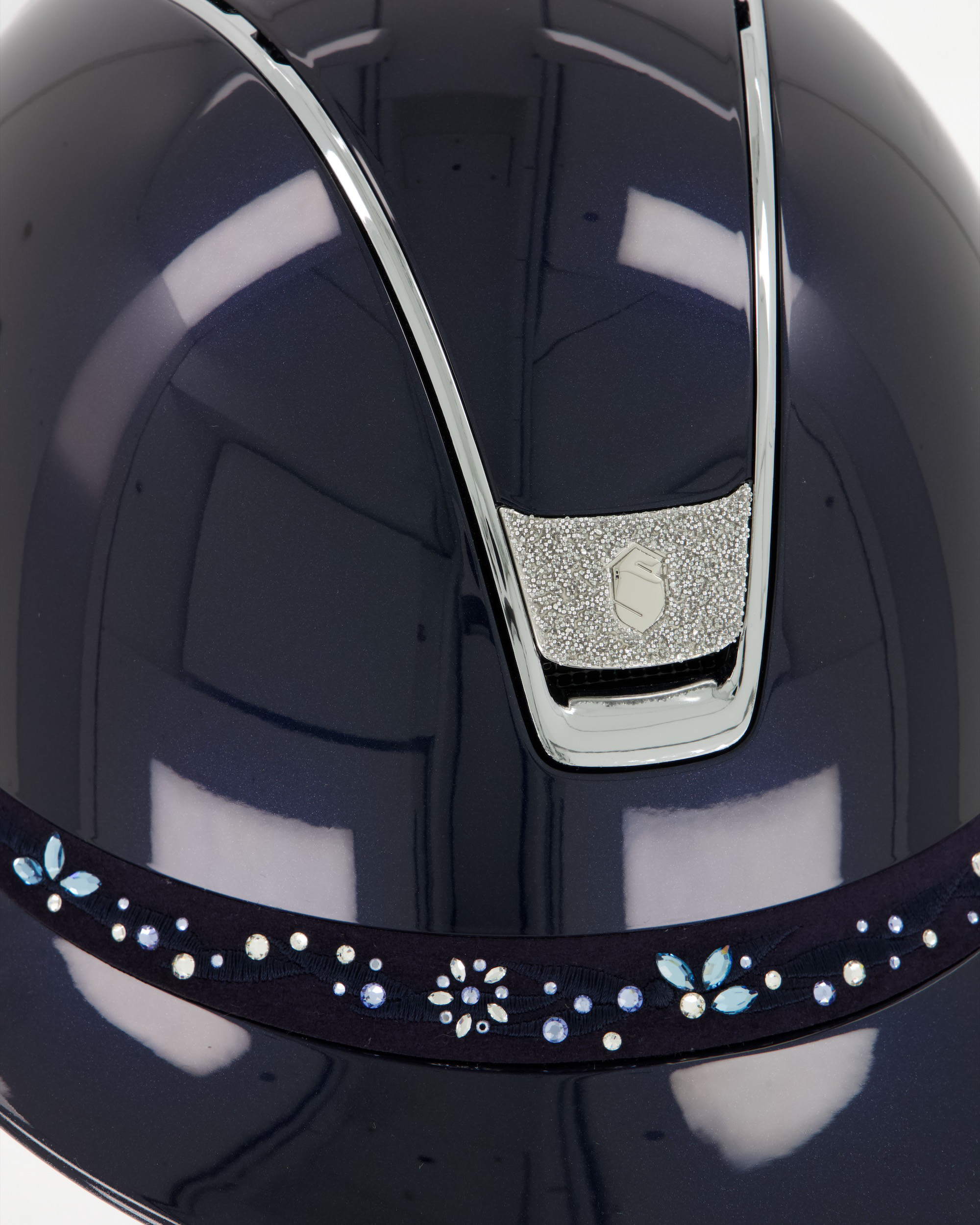 Riding helmet 2.0 Miss Shield Shadowglossy Blue, Frontalband Flower Swarovski Jewerly, Trim Chrome Silver, Blason Crystal Fabric Silver