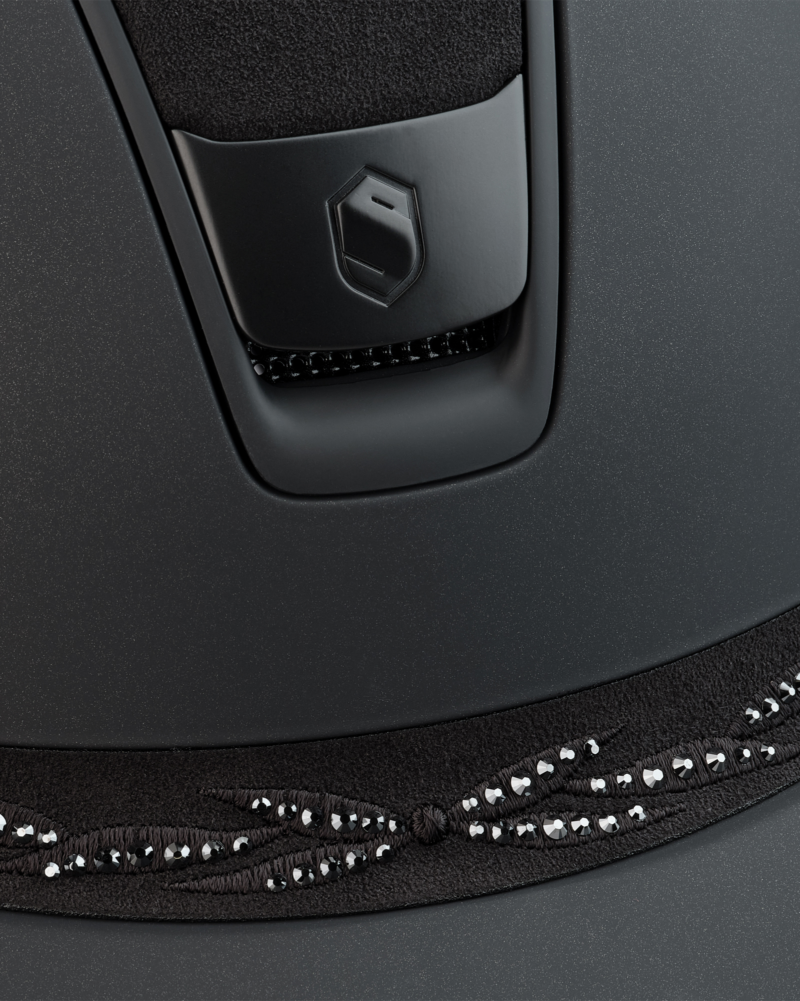 Riding helmet 2.0 Miss Shield Shadowmatt Black, Top Alcantara Black Frontal Band Flower Swarovski, Trim u. Blason Matt Black in black