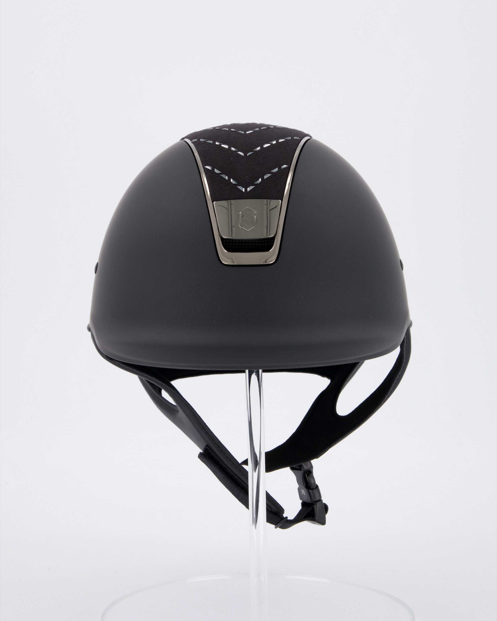 Riding helmet Shadowmatt Black, Top Chevron Black, Trim Black Chrome, Blason Black Chrome