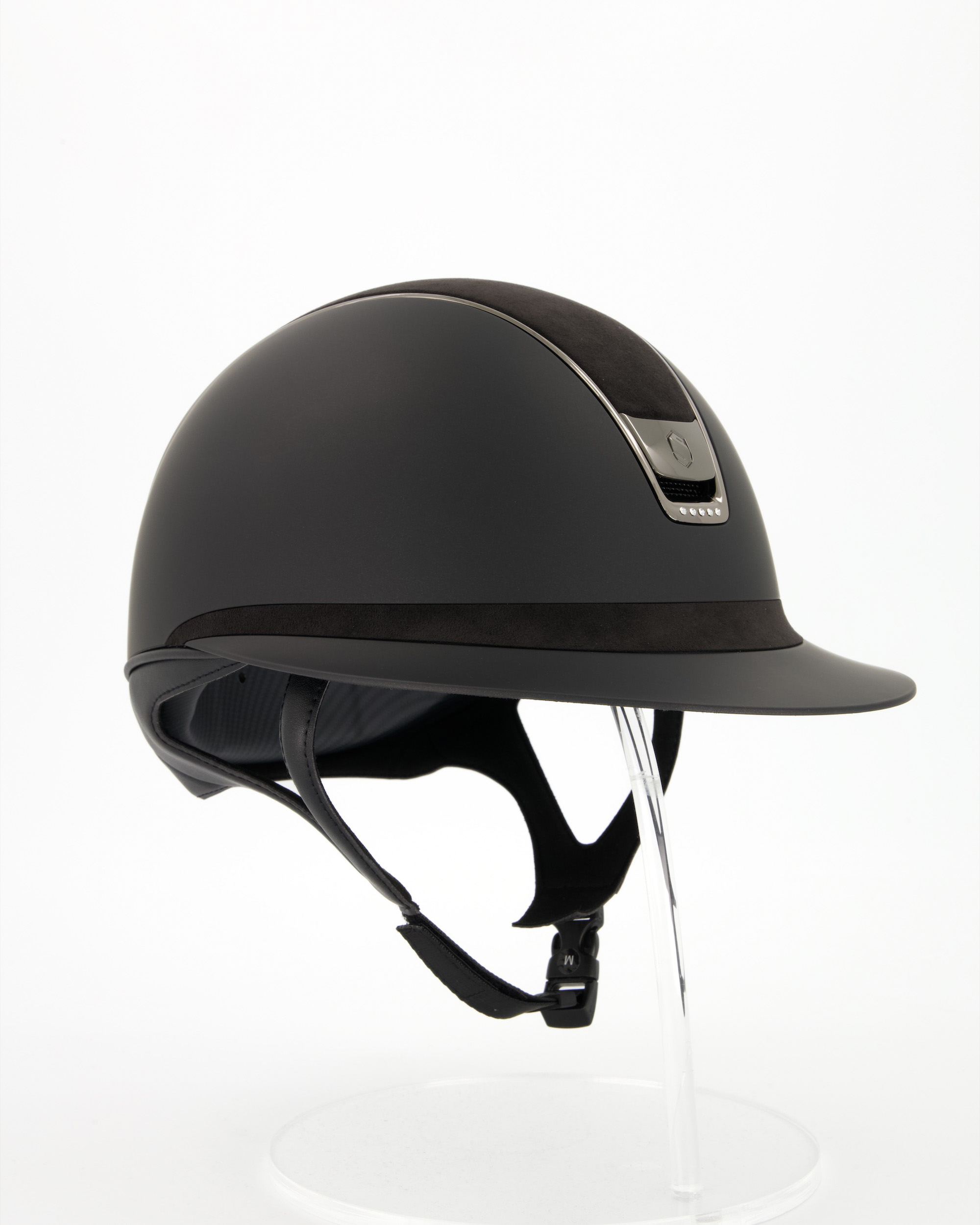 Riding helmet Miss Shield 2.0 Shadowmatt , Top and frontal band Alcantara black, Trim and Blason Chrome Black, 5 Swarovski in black