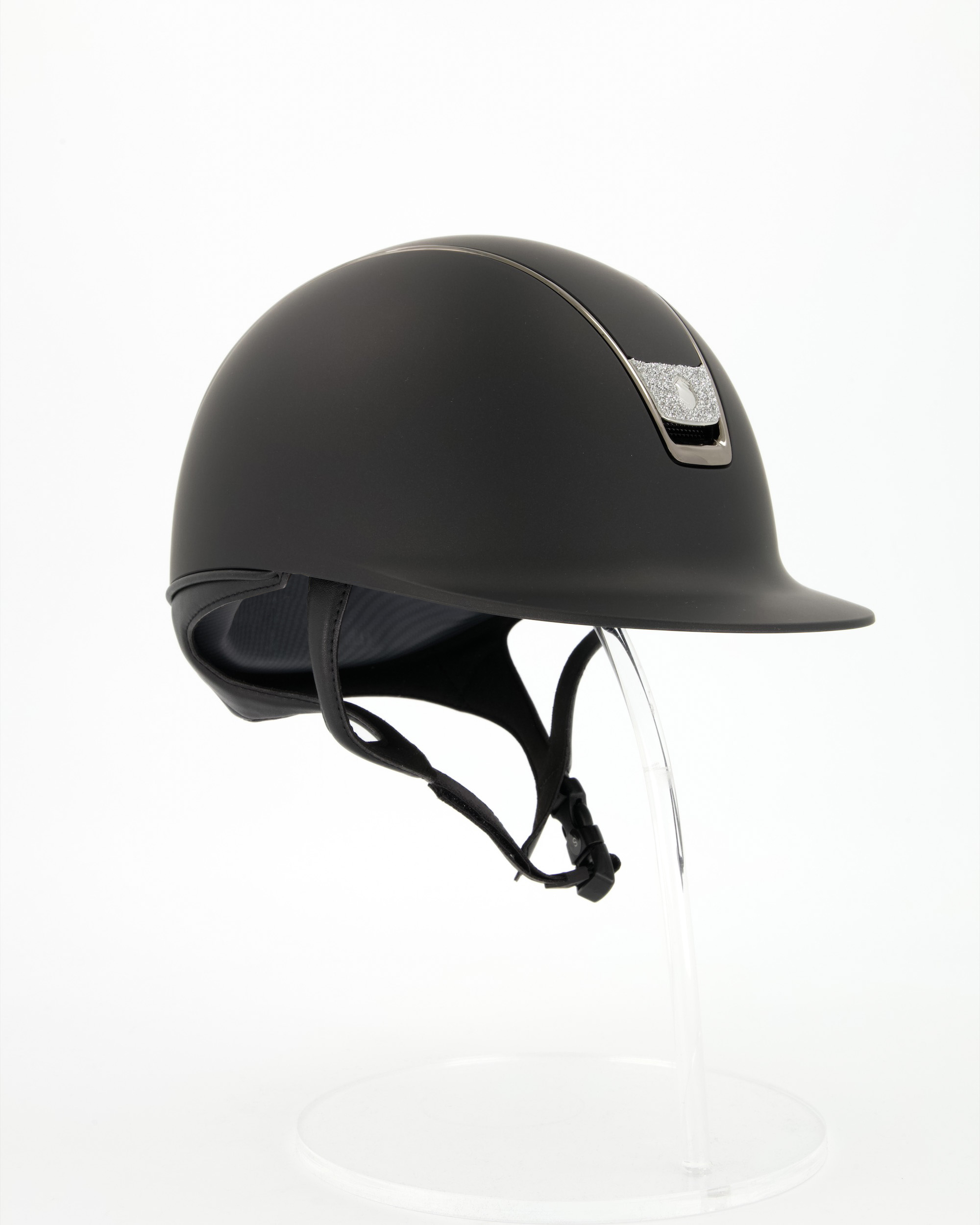 Riding helmet 2.0 Shadowmatt Black, Trim Black Chrome, Blason Crystal Fabric silver