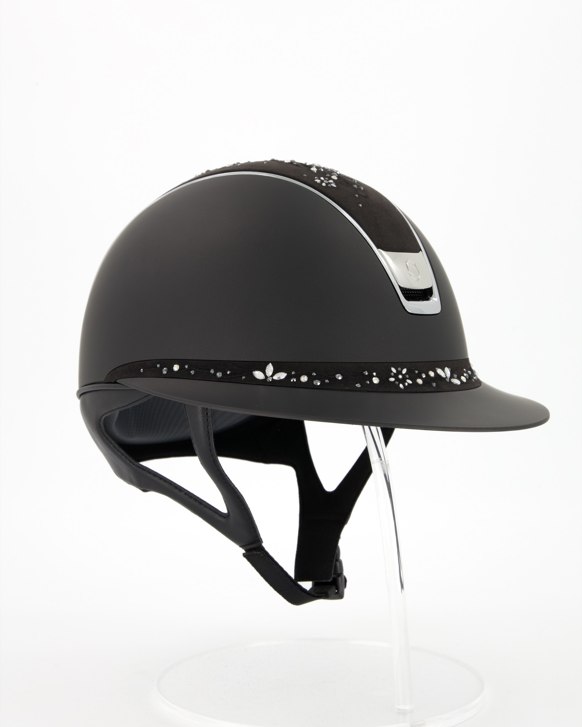Riding helmet 2.0 Miss Shield Shadowmatt Top a. Frontal Band Flower Majestic Jewerly, Blason a. Trim Chrome Silver in black