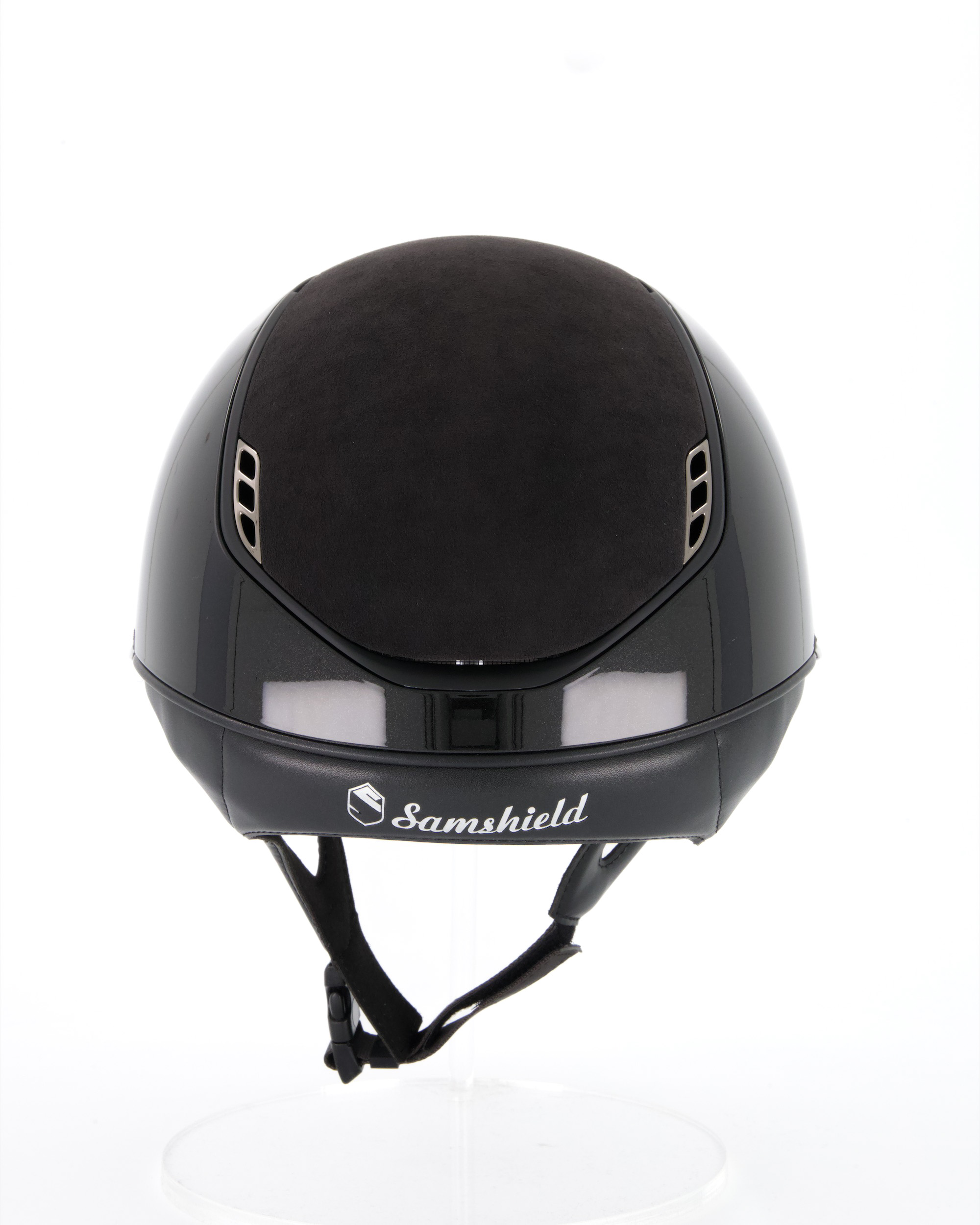 Reithelm 2.0 Shadowglossy black, Top u. Frontal Band Alcantara Black, Trim matt black, 5 Swarovski Black, Blason Chrome Black