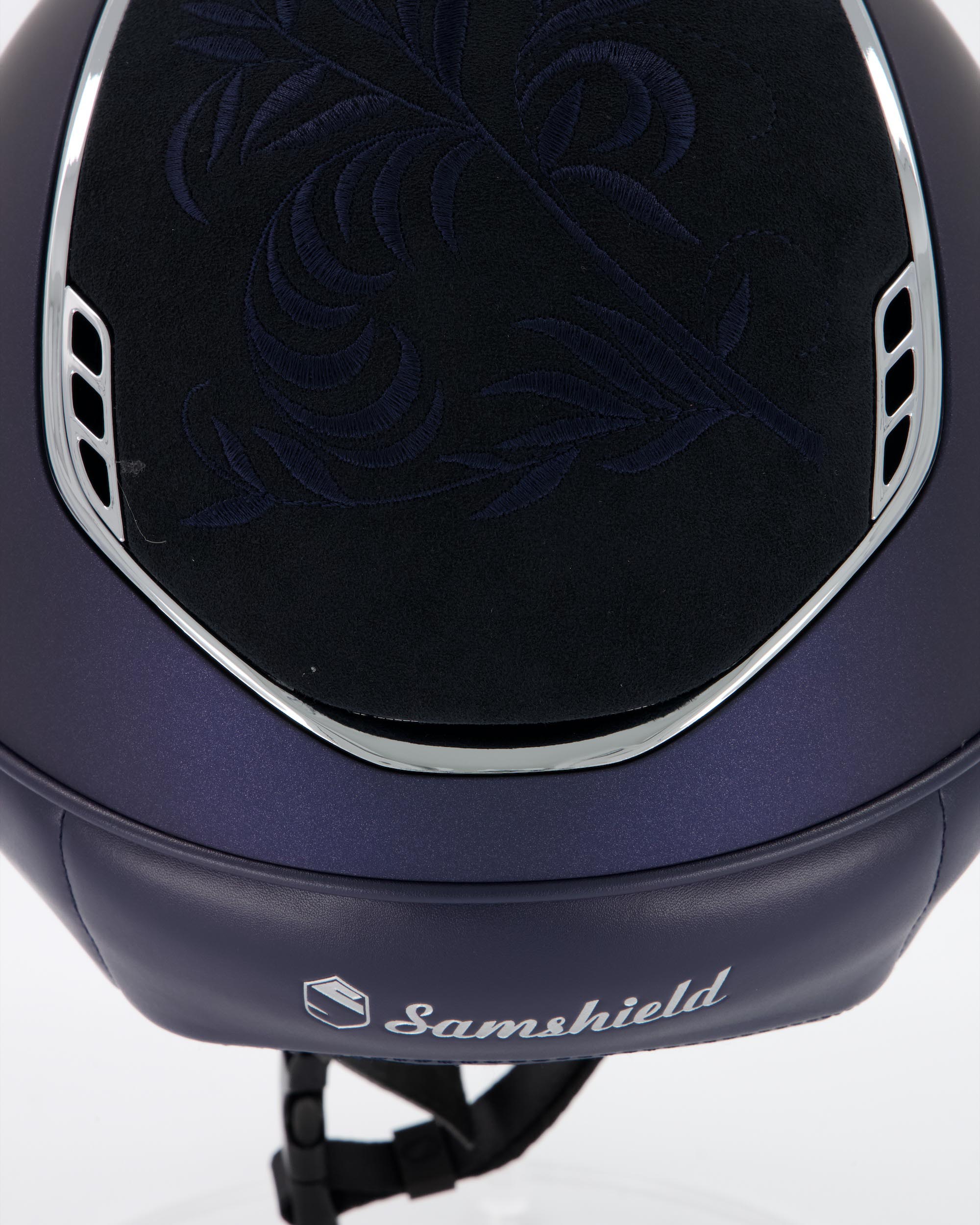 Reithelm 2.0 Miss Shield Shadowmatt Blue, Top u. Frontal Band Fower Embroidery, Trim Chrome, Blason Crystal Fabric Silver in blau