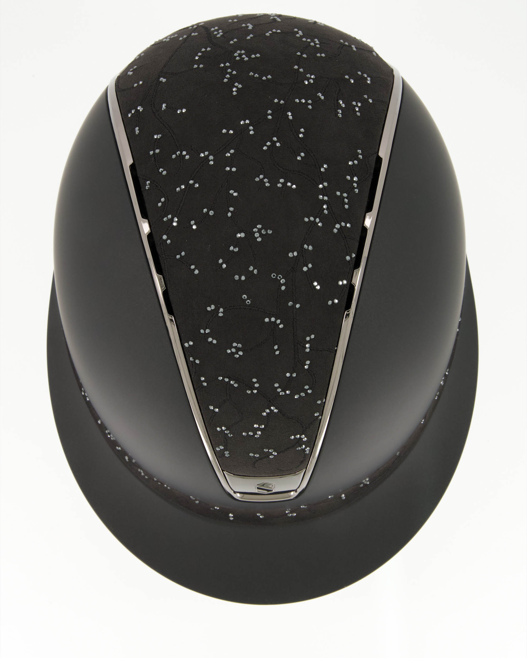 Riding helmet 2.0 Miss Shield Shadowmatt Black, Top and Frontal Band Crystal Leaf, Trim and Blason Chrome Black