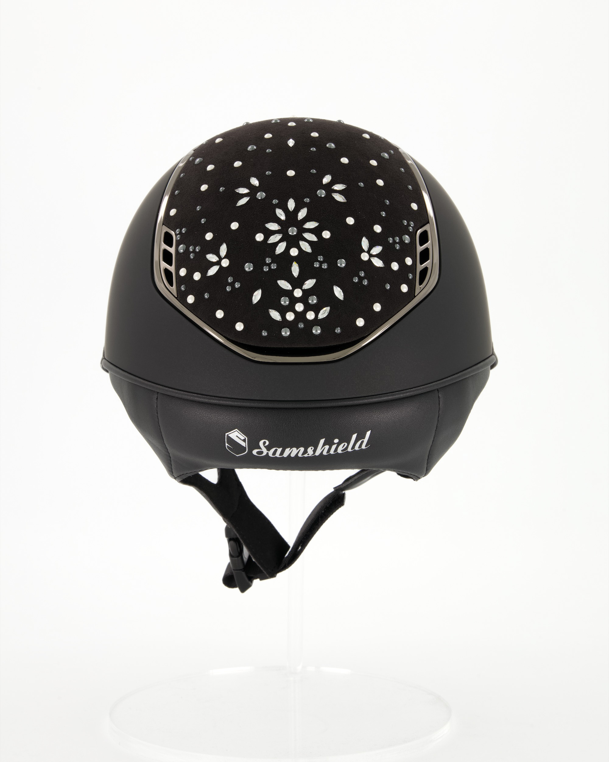 Riding helmet Miss Shield 2.0 Shadowmatt black, top and front strap Pearl Drop, Trim and Blason Chrome black
