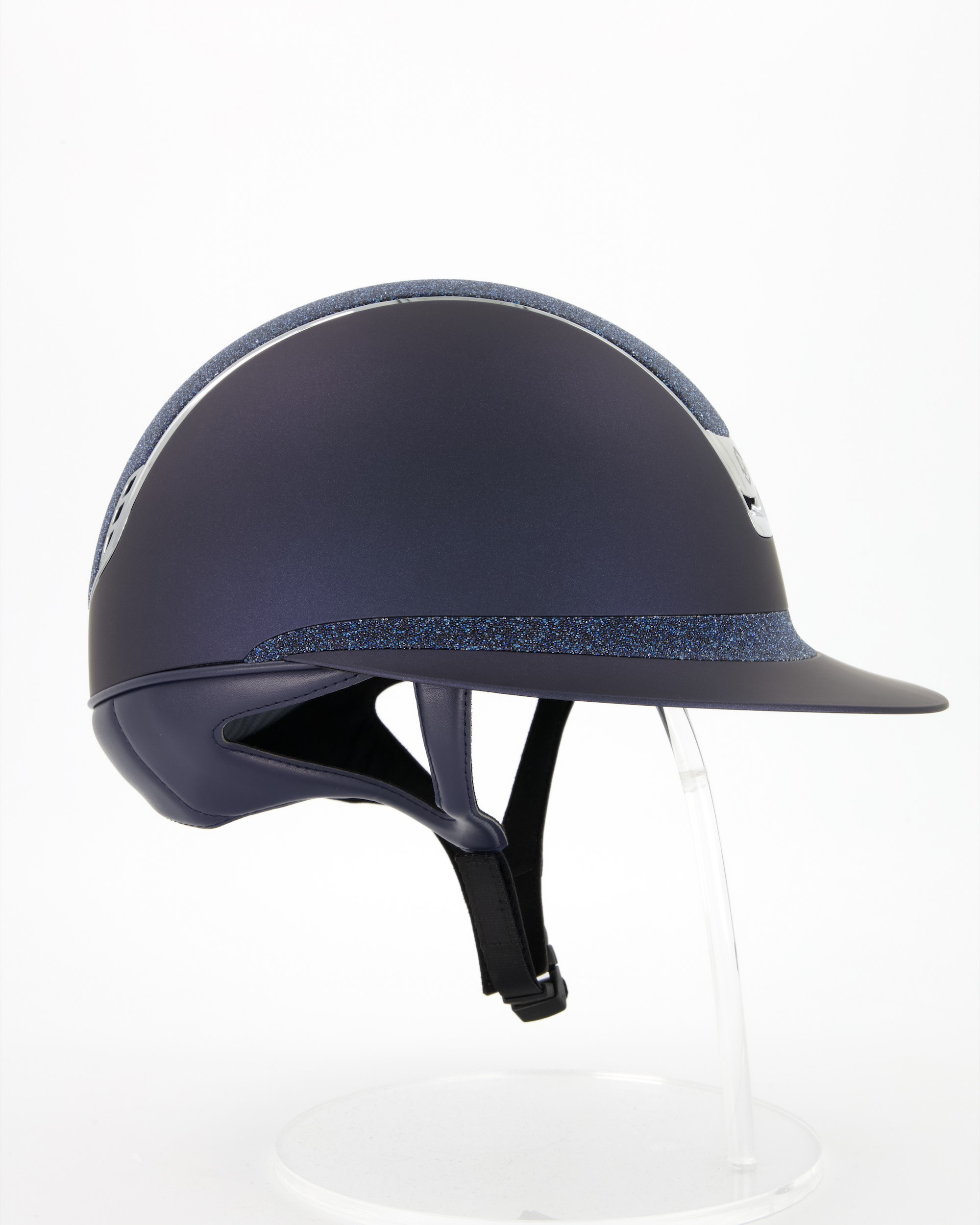 Reithelm Miss Shield 2.0 Shadowmatt, Top u.Frontalband Crystal Fabric Swarovski Blue, Trim u. Blason Chrome Silver in blau