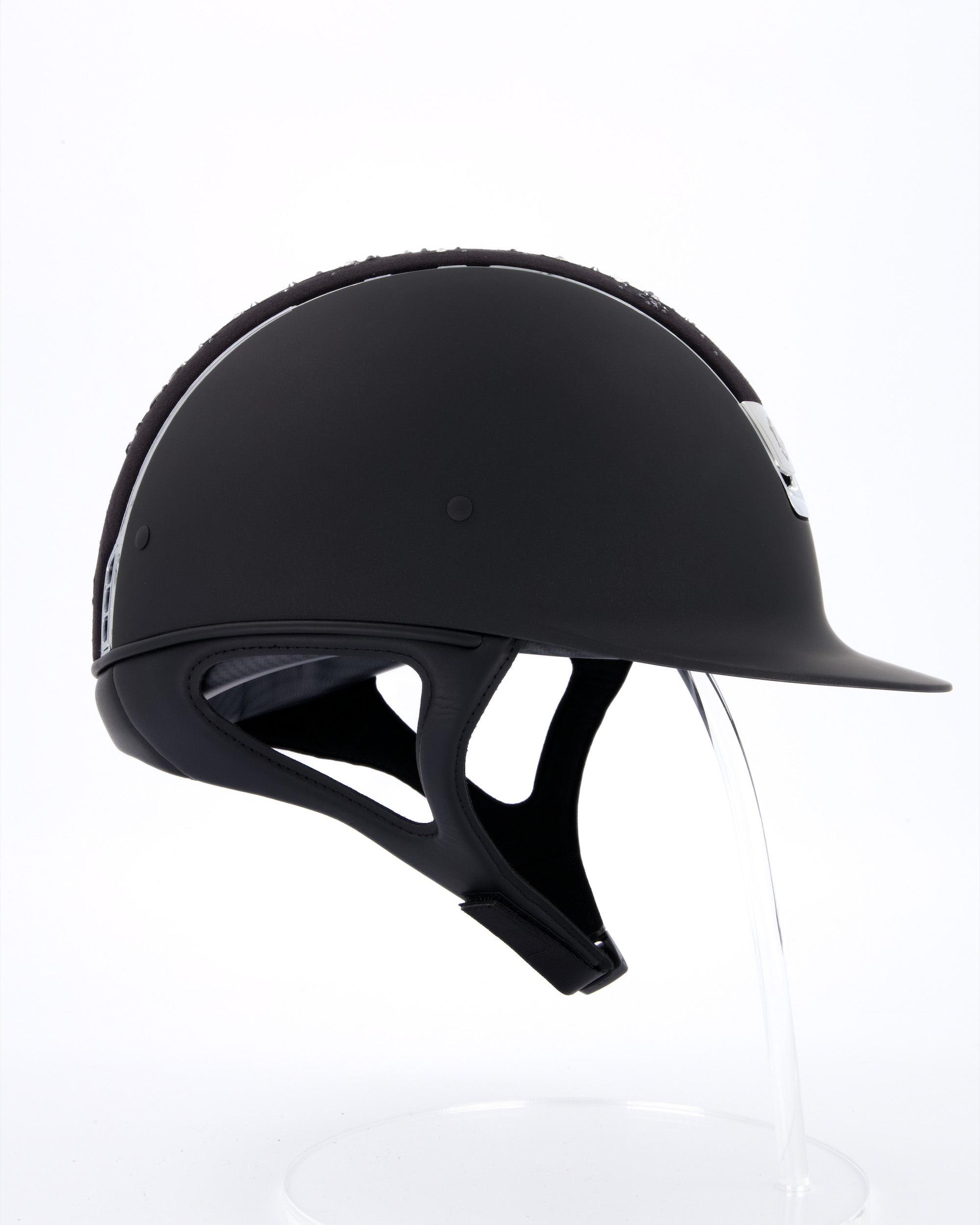 Riding helmet Shadowmatt Black, Top Flower Swarovski Jewerly Black Mejestic Black, Trim Chrome Silver, Blason Chrome Silver