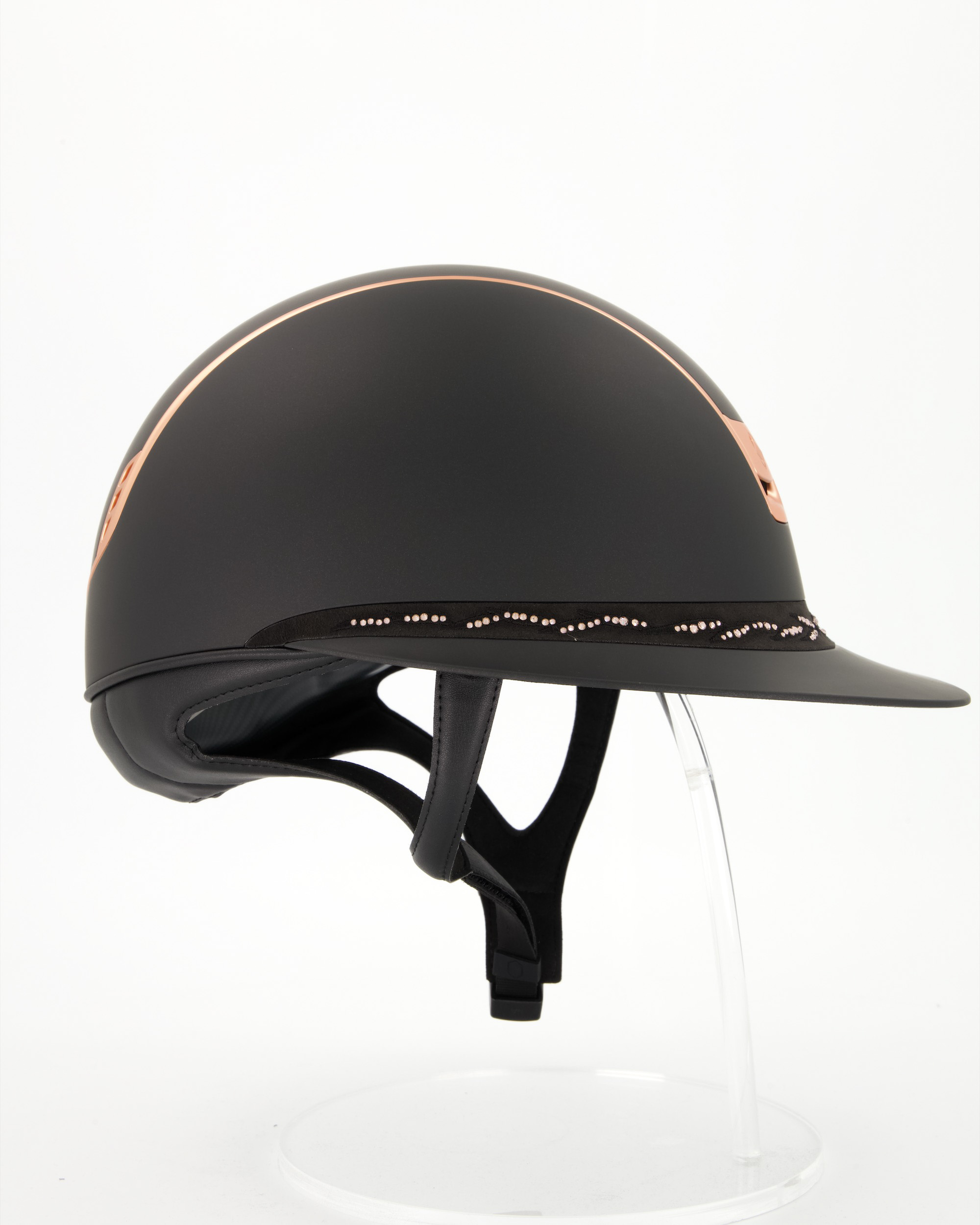 Reithelm 2.0 Miss Shield Shadowmatt black, Frontalband Flower Swarovski Vintage Rose, Trim u. Blason Matt Pink Gold in schwarz