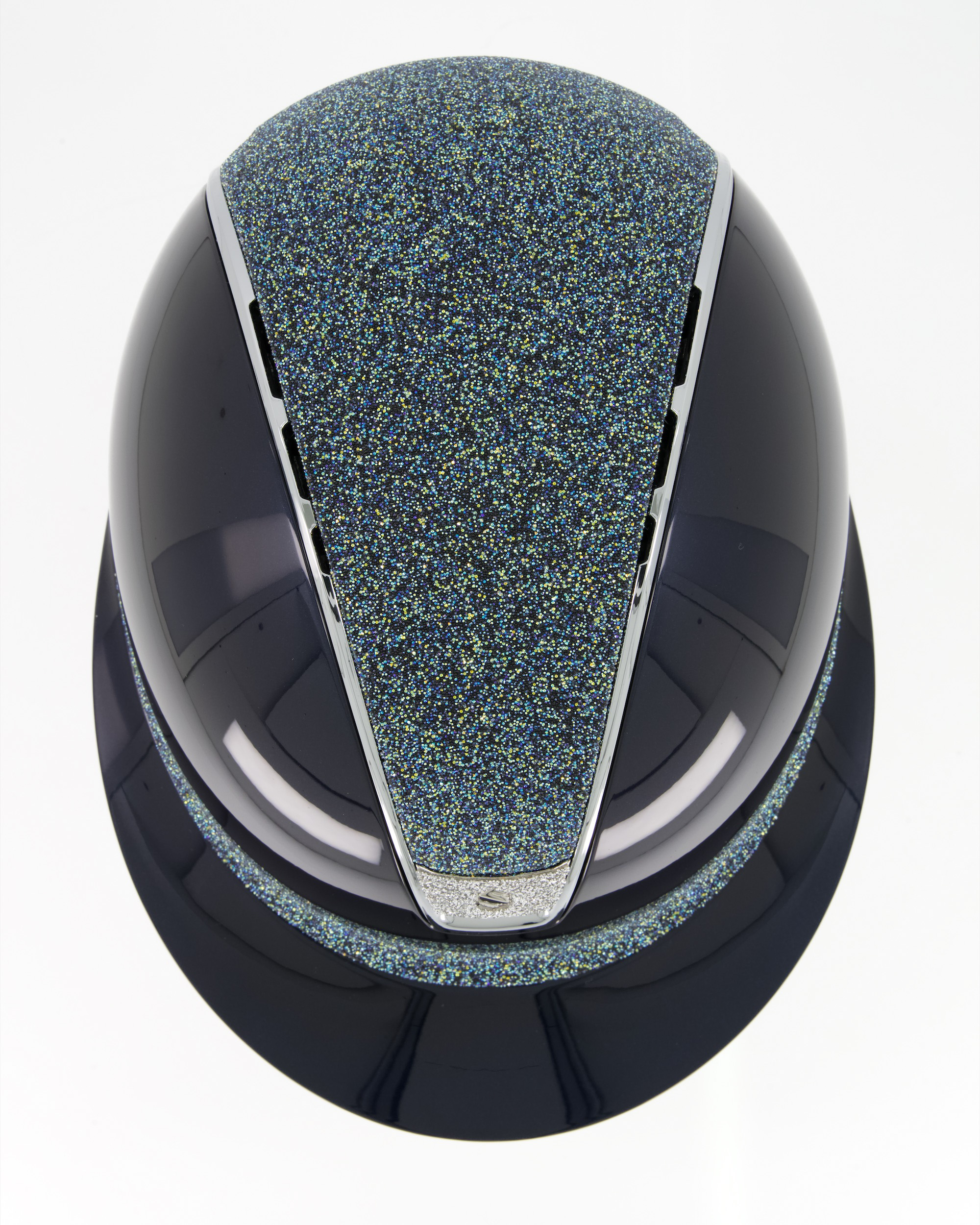 Riding helmet 2.0 Miss Shield Shadowglossy, Top and Frontal Band Crystal Fabric Ocean Depth, Trim Chrome Silver, Blason Crystal Fabric Silver in blue