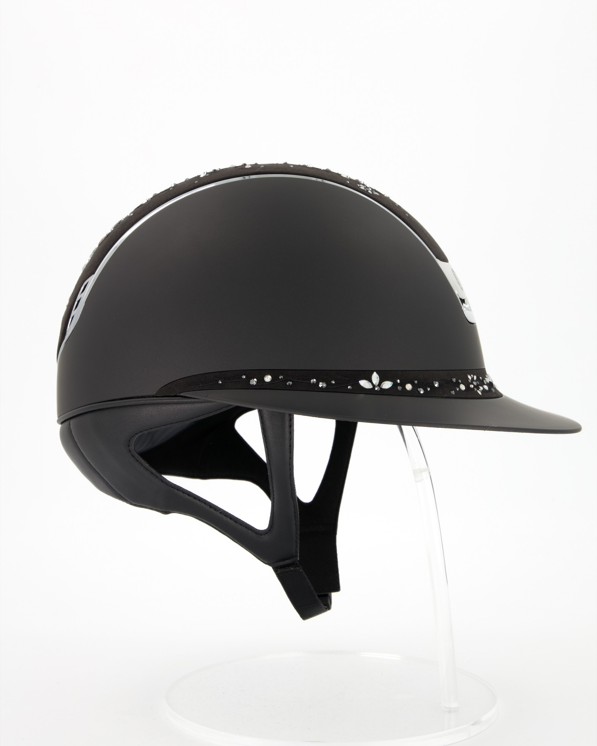Riding helmet 2.0 Miss Shield Shadowmatt Top a. Frontal Band Flower Majestic Jewerly, Blason a. Trim Chrome Silver in black