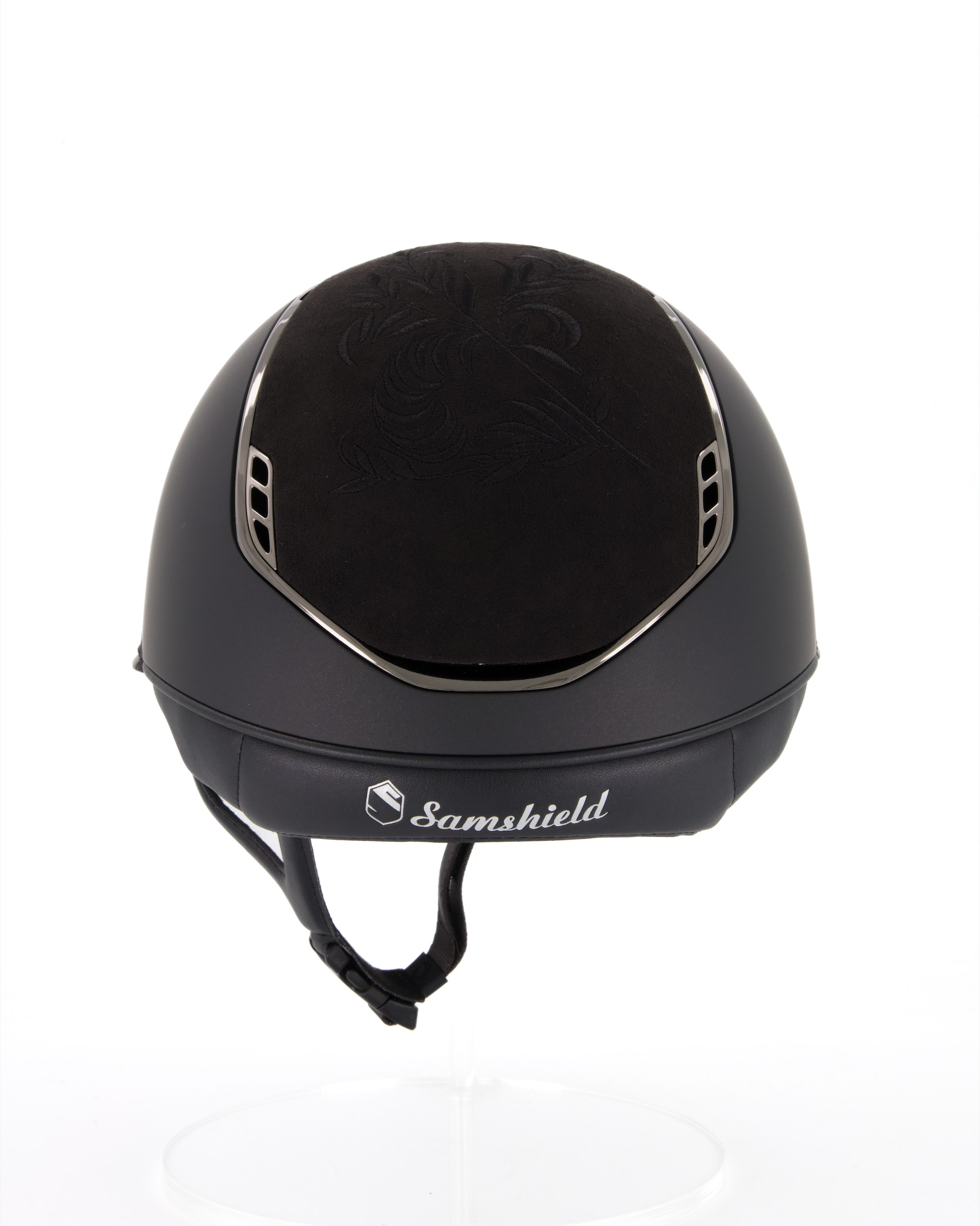 Reithelm 2.0 Miss Shield Shadowmatt Black, Top Flower Embroidery Black, Frontal Band Flower Swarovski Black, Trim u. Blason Chrome Black