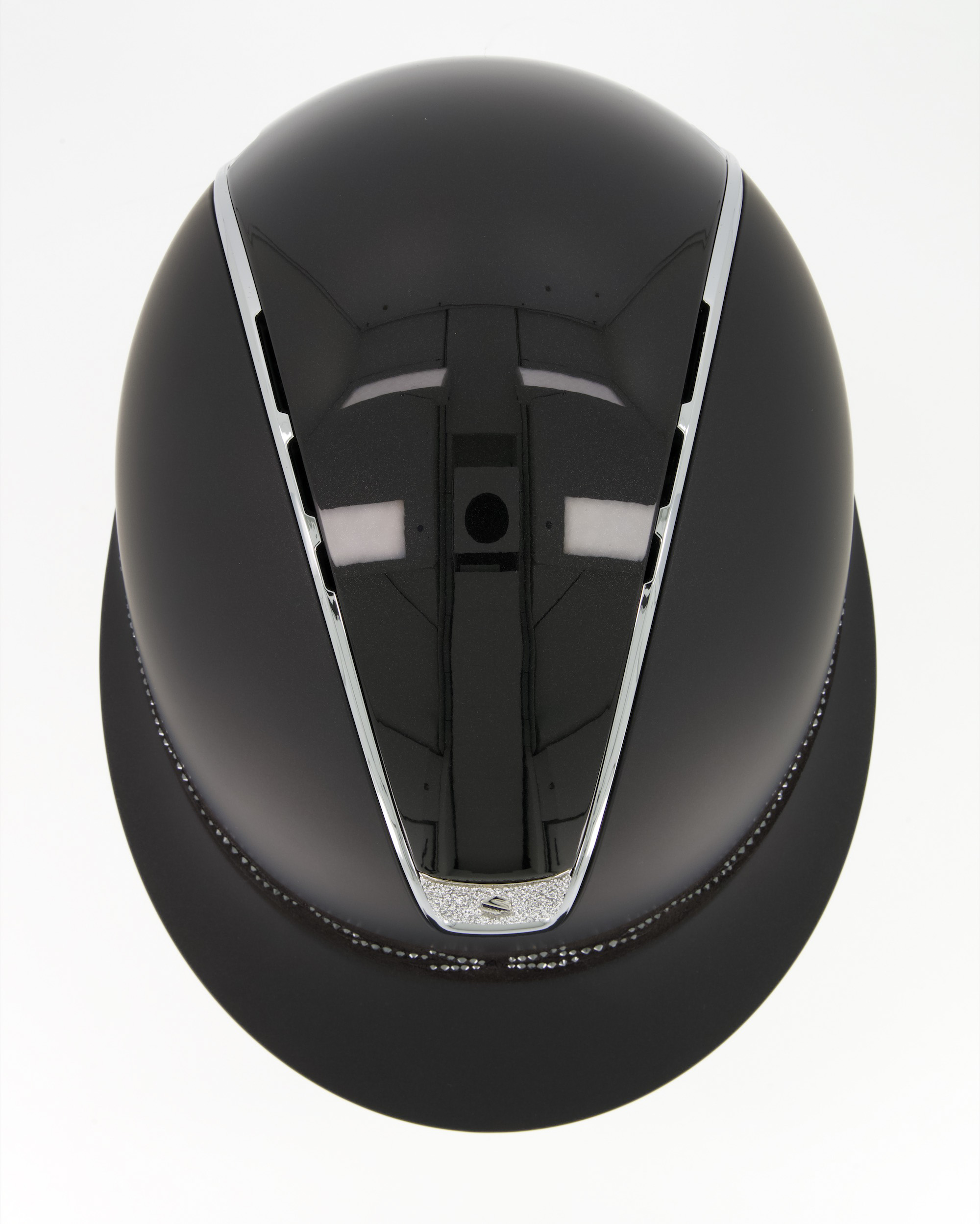 Reithelm 2.0 Miss Shield Shadowmatt, Top Shadow Glossy Black, Frontal Band Flower Swarovski Black, Trim Chrome Silver, Blason Crystal Fabric Silver in schwarz