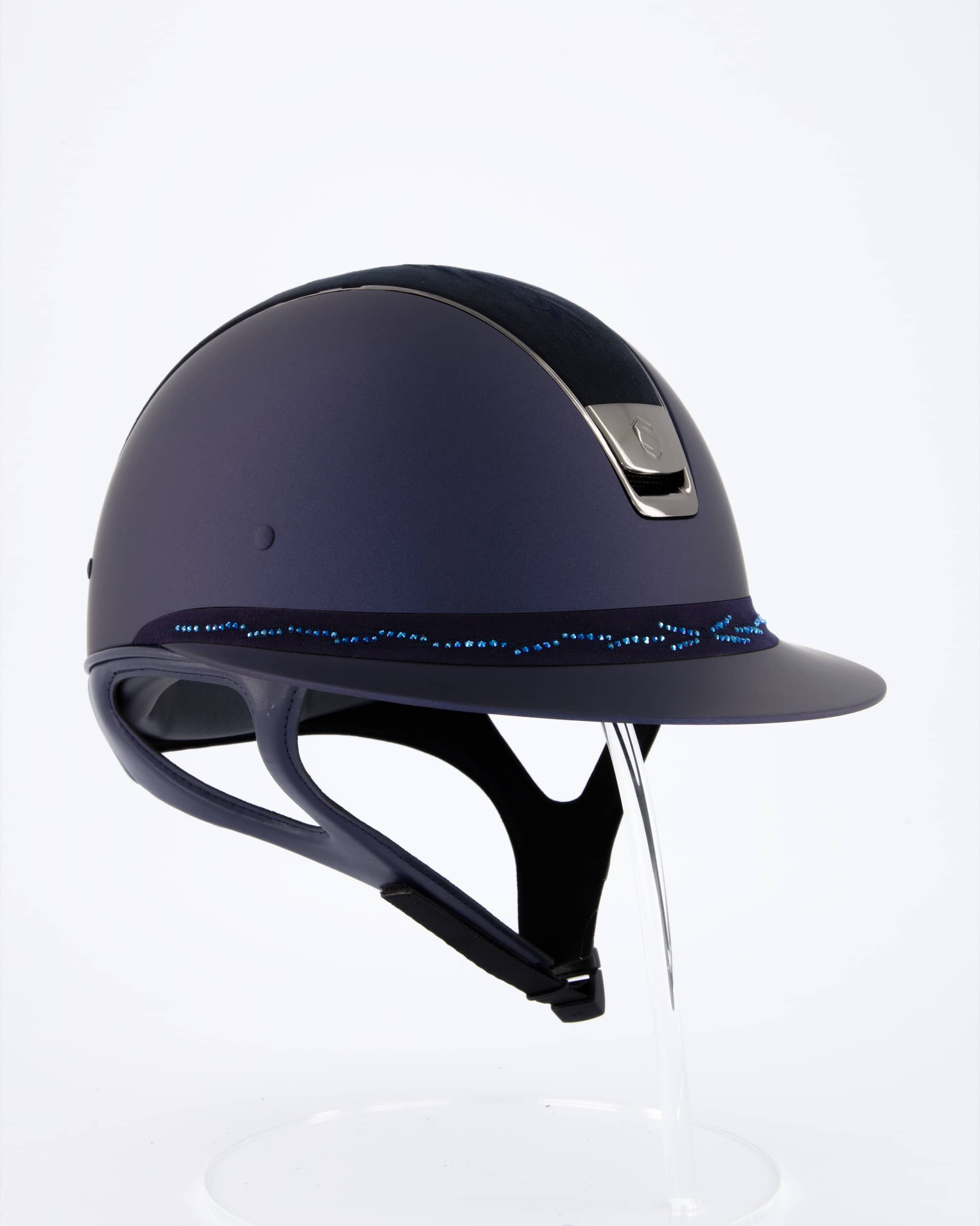 Reithelm Miss Shield Shadowmatt Blue, Top Flower Embroidery Blue, Frontal Band Flower Swarovski Blue, Trim u. Blason Chrome Black