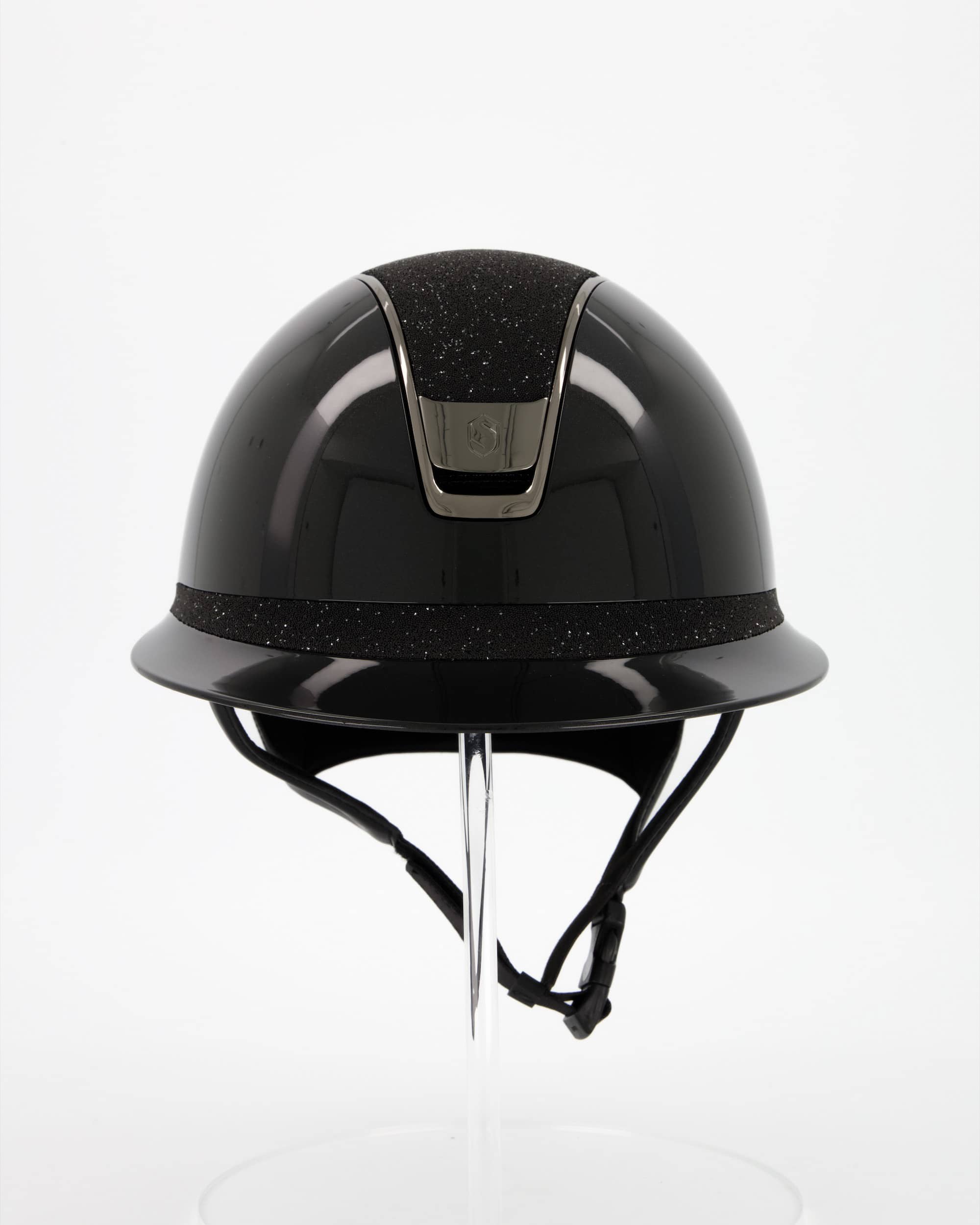 Riding helmet 2.0 Miss Shield Shadowglossy black Top u. Frontal Band Crystal Fabric Black, Trim Chrome Black, Blason Chrome Black in black