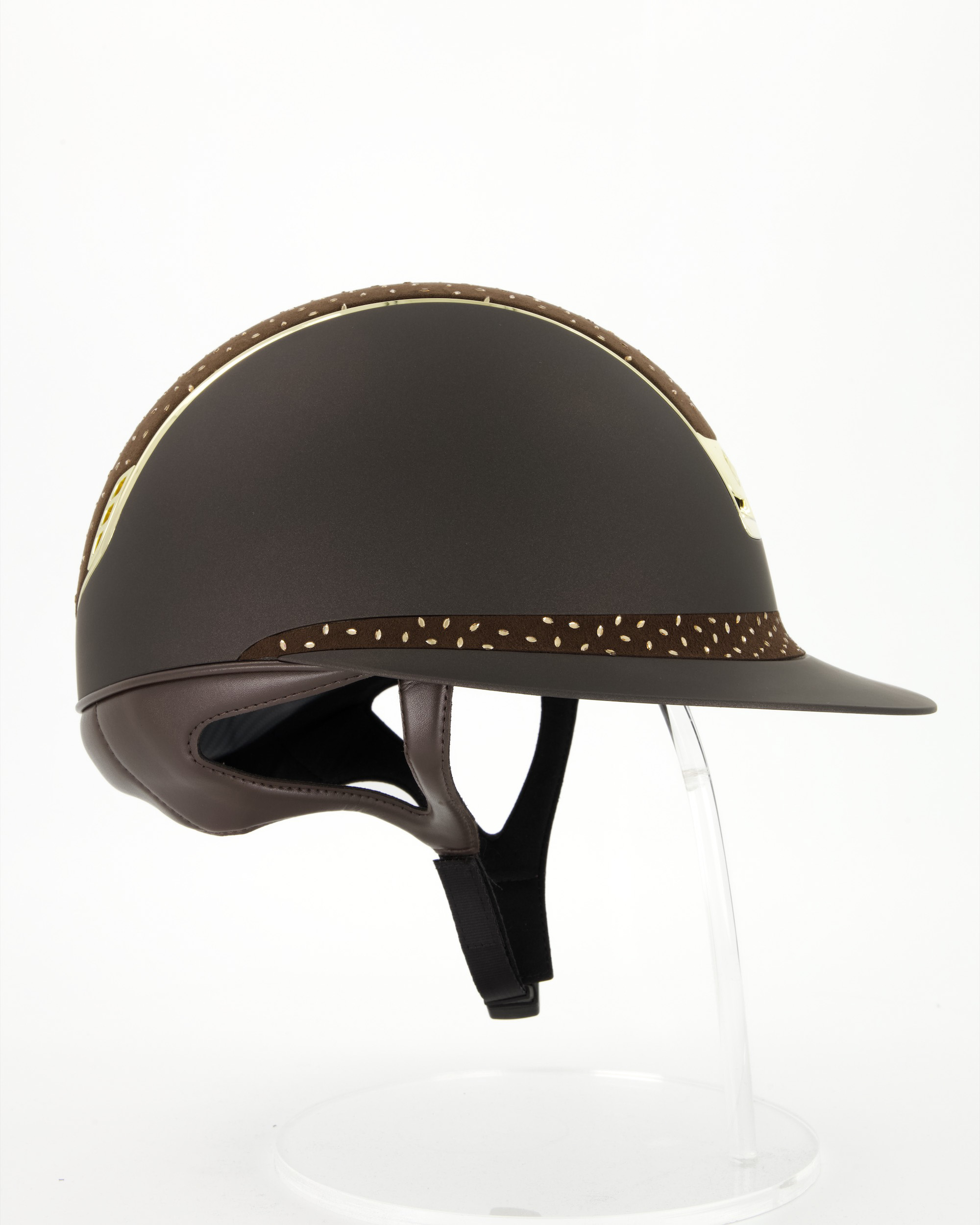 Riding helmet 2.0 Miss Shield Shadowmatt brown, top and frontal band Crystal Comet light Colorado Topaz, trim and blason Chrome Gold in brown